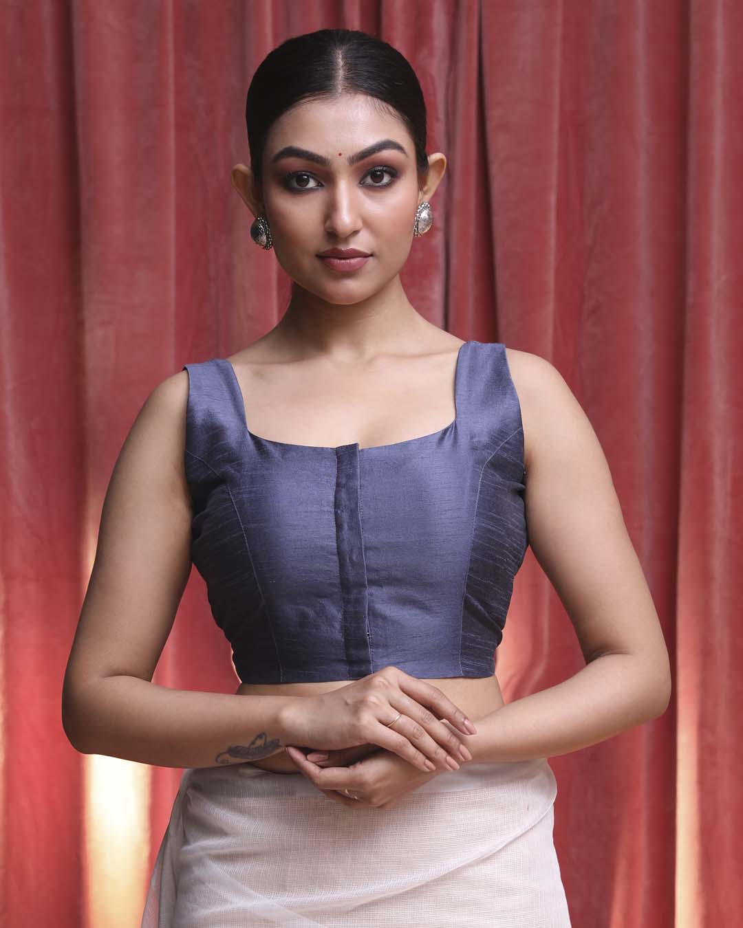 Indethnic Grey Work  Wear Sweetheart Neck Sleeveless Blouse(DESIGNER  SAREE BLOUSE)