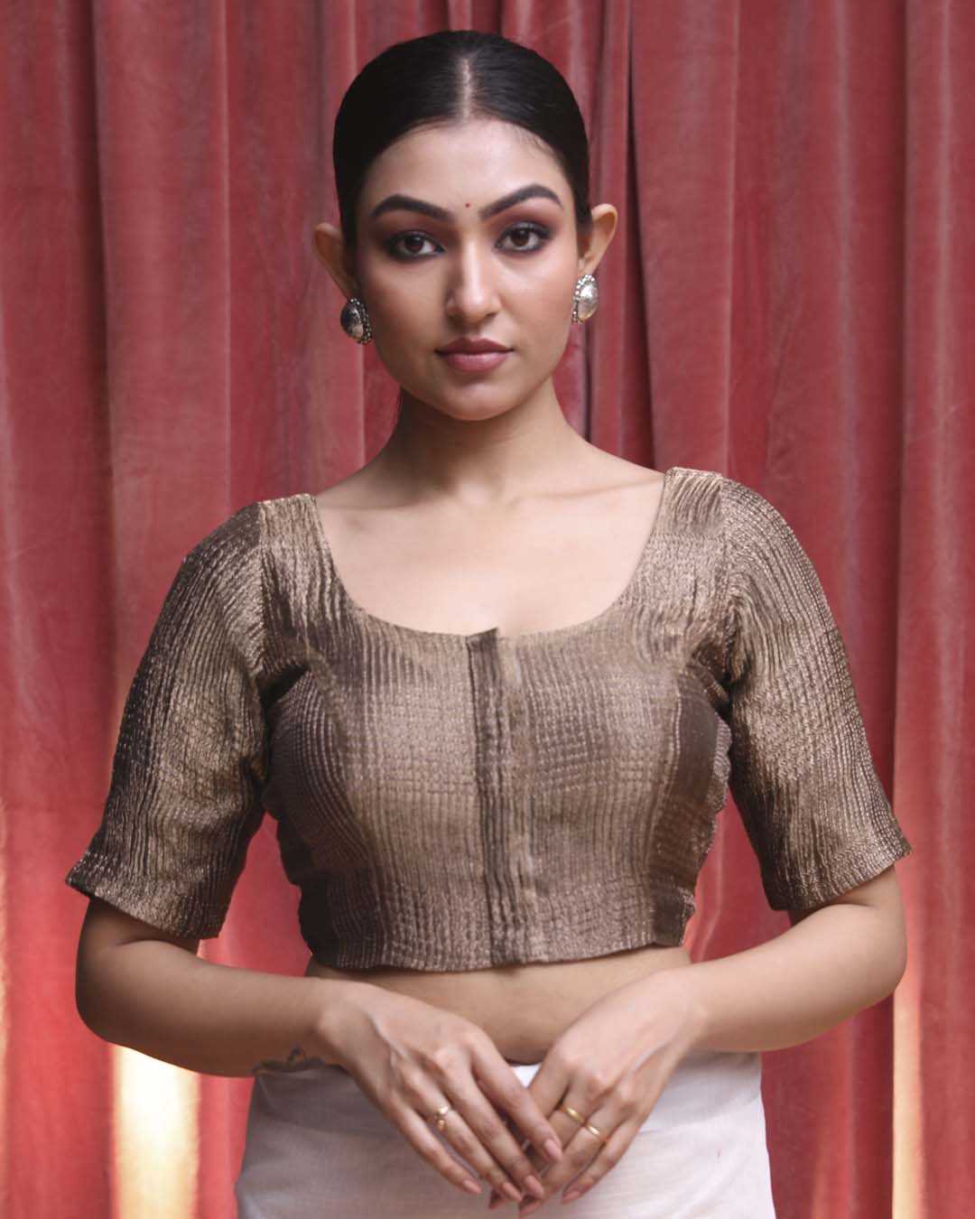 Indethnic Brown Festive  Wear U-Neck Short Sleeves Blouse(DESIGNER  SAREE BLOUSE)