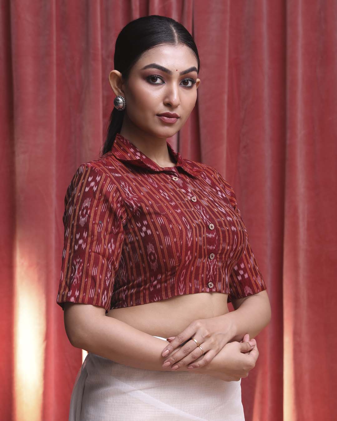 Indethnic Maroon Work  Wear Shirt Collar Short Sleeves Blouse(DESIGNER  SAREE BLOUSE)