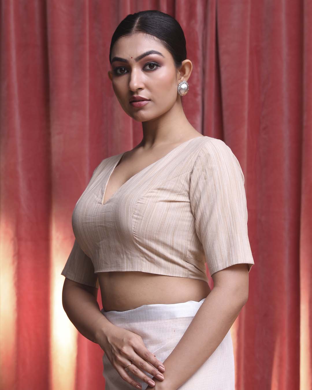 Indethnic Beige Work  Wear V-Neck Short Sleeves Blouse(DESIGNER  SAREE BLOUSE)