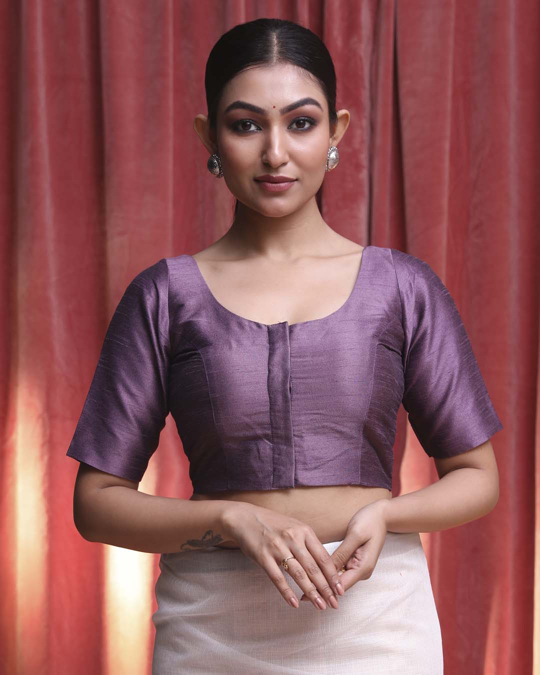 Indethnic Violet Work  Wear Square Neck Short Sleeves Blouse(DESIGNER  SAREE BLOUSE)
