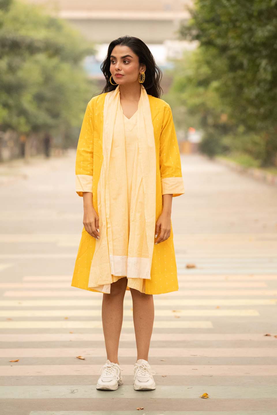 Sun Dot — Cotton Stripe Dress with Dot Shrug and Attached Stole