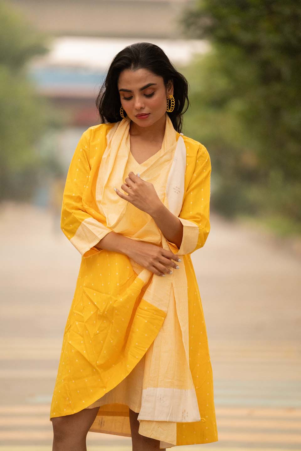 Sun Dot — Cotton Stripe Dress with Dot Shrug and Attached Stole