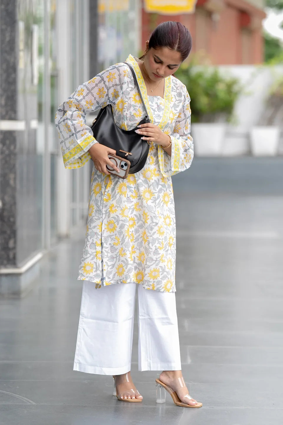 Marigold Mist — Floral Block Print Cotton Kurta with Border Neck