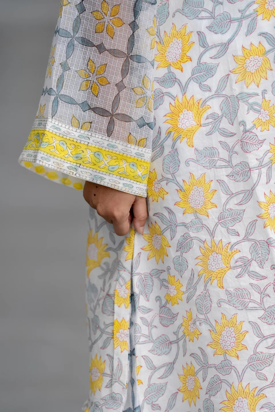 Marigold Mist — Floral Block Print Cotton Kurta with Border Neck