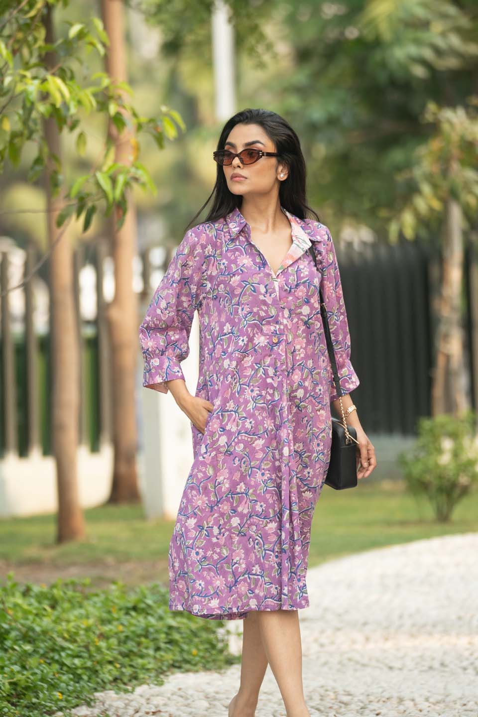 Violet Garden — Bagru Block Print Midi Shirt Dress