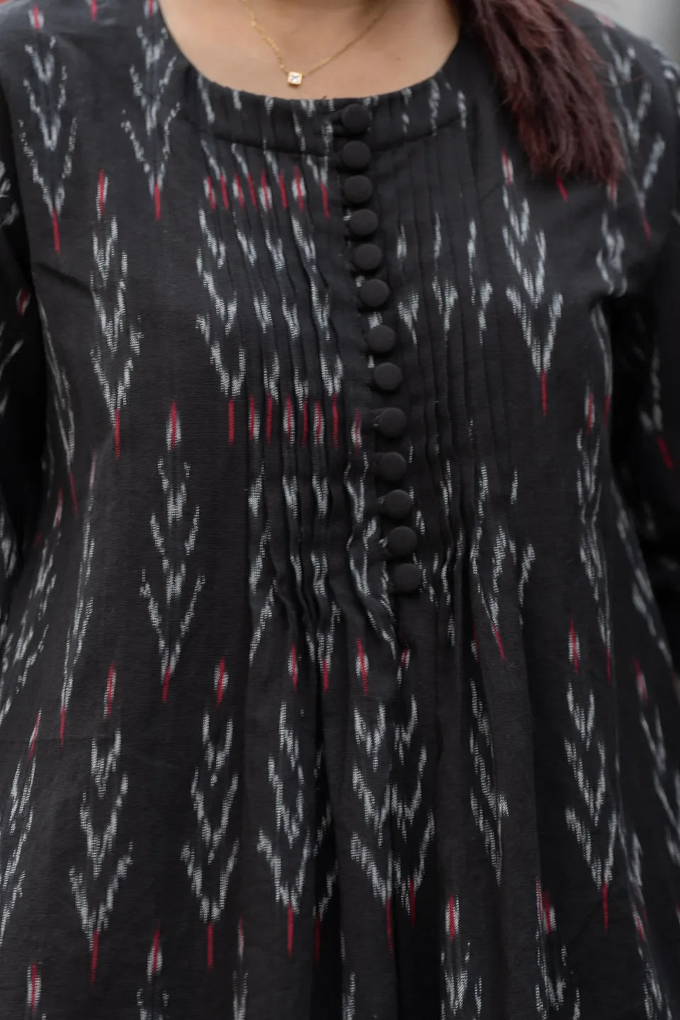 Midnight Ikat — Black Ikat Cotton Kurti & Hem Pleated Pant Set