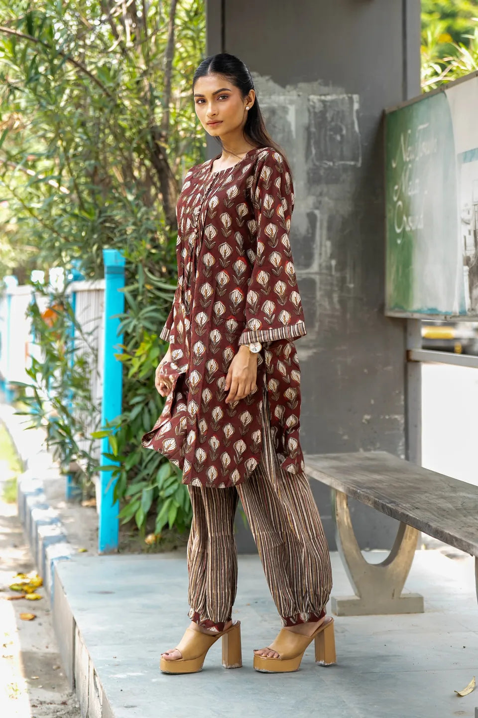 Claret Kalga — Block Print Cotton Pintuck Kurti & Harem Set