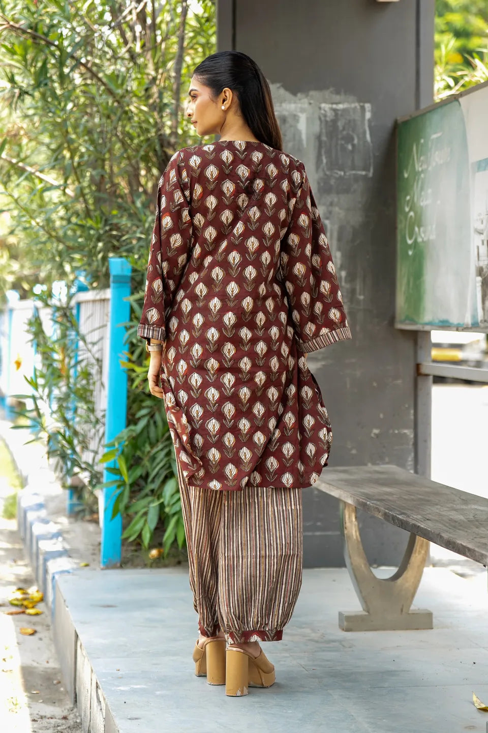 Claret Kalga — Block Print Cotton Pintuck Kurti & Harem Set