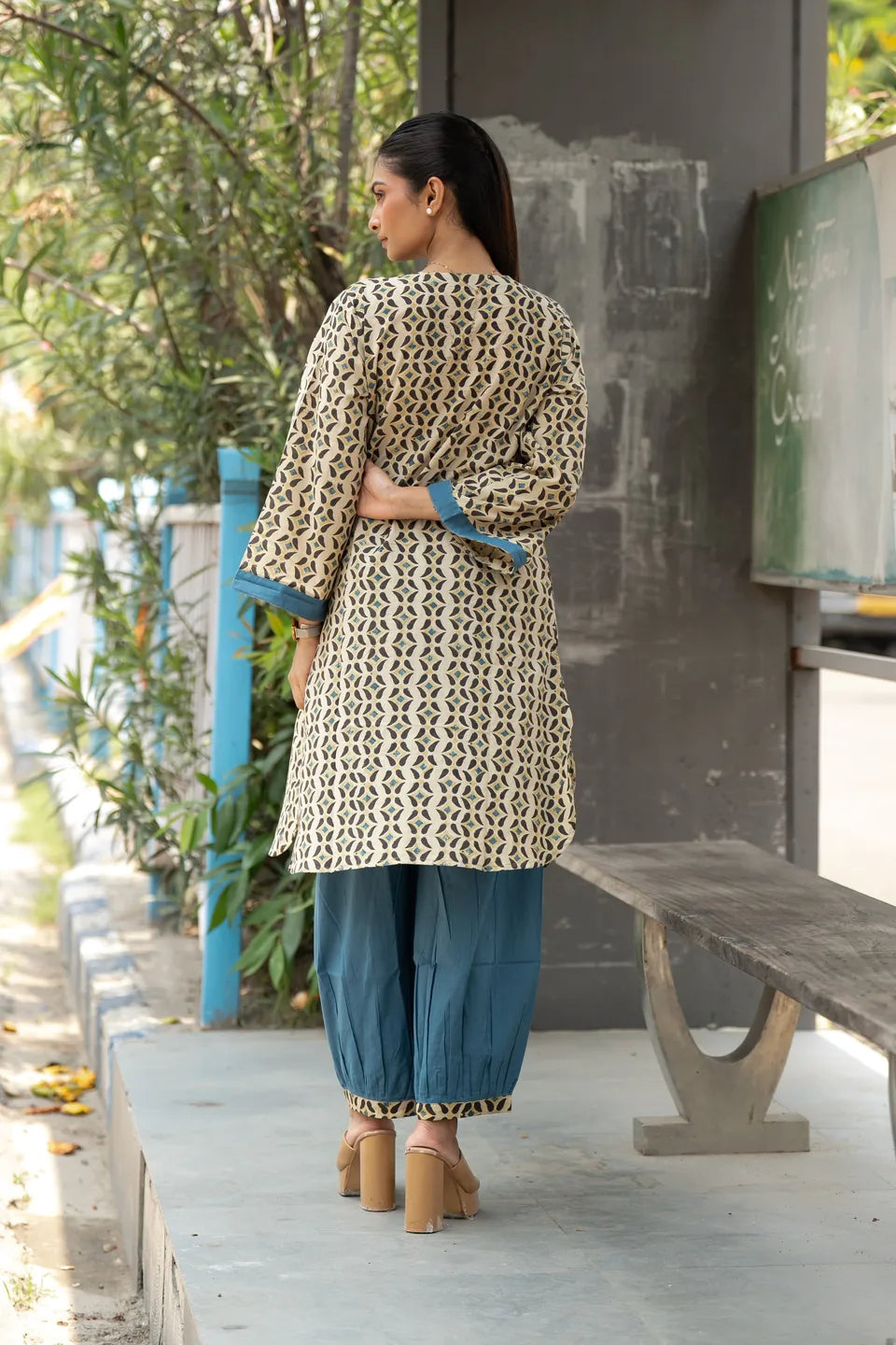 Teal Jaali — Geometric Block Print Cotton Kurti & Harem Set