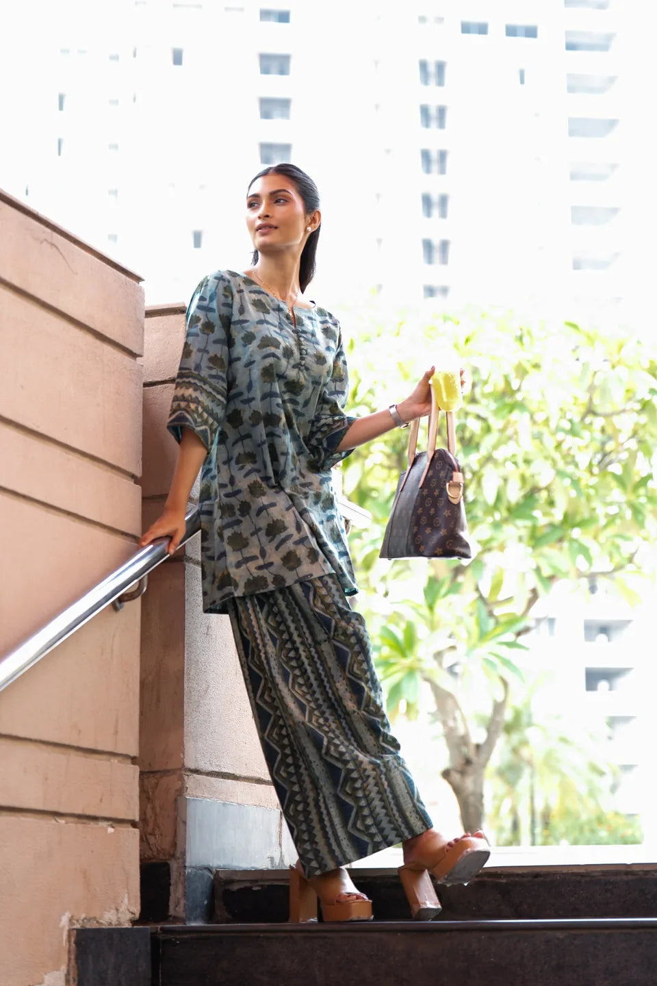 Cypress Trail — Mixed Block Print Cotton Tunic & Palazzo Set