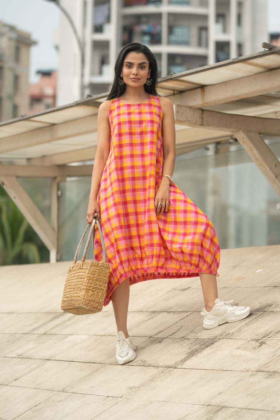 Fiesta Bubble — Handloom Plaid Balloon Dress with Adjustable Hem