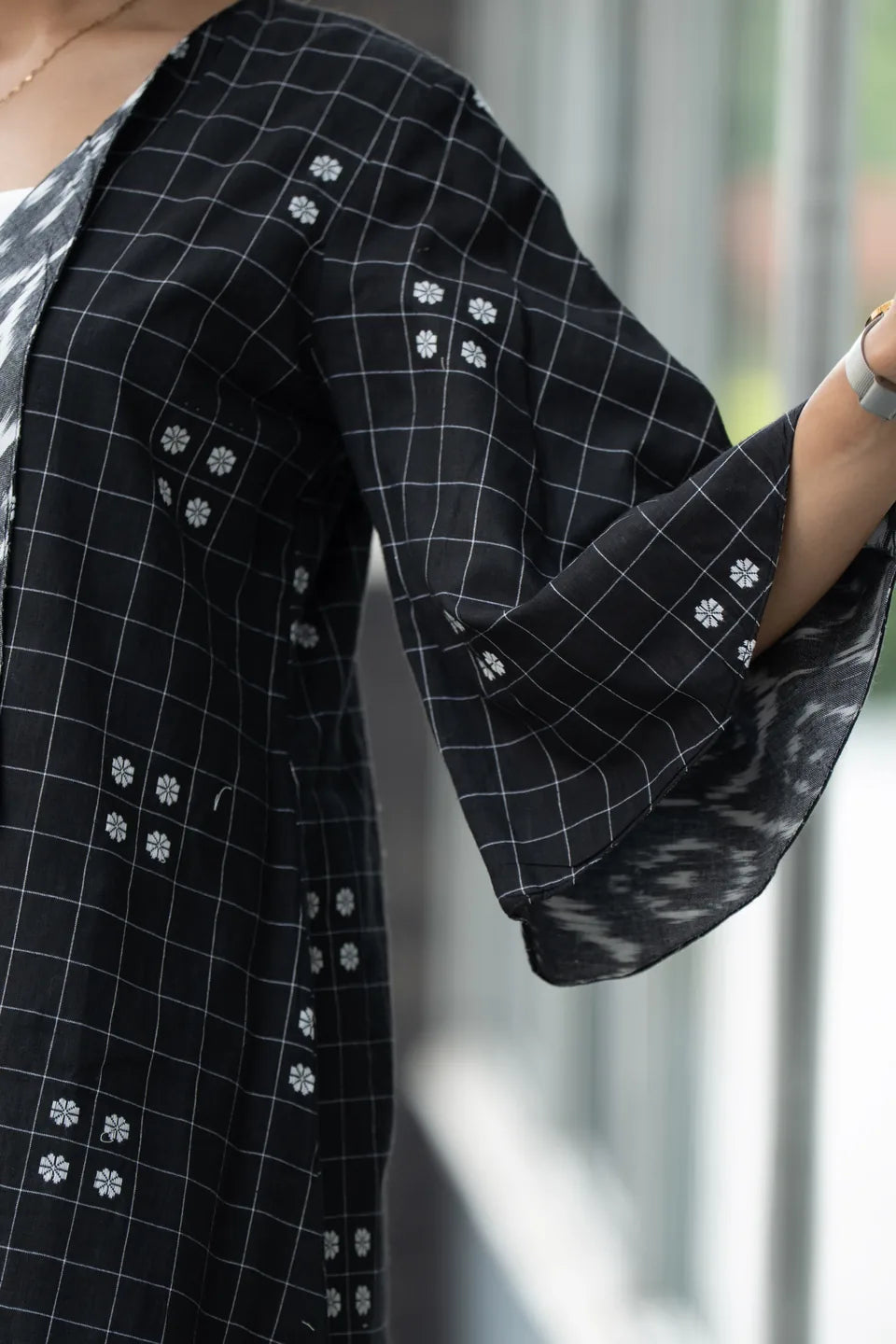 Domino Drape — Reversible Check & Grey Ikat Cotton Waterfall Shrug
