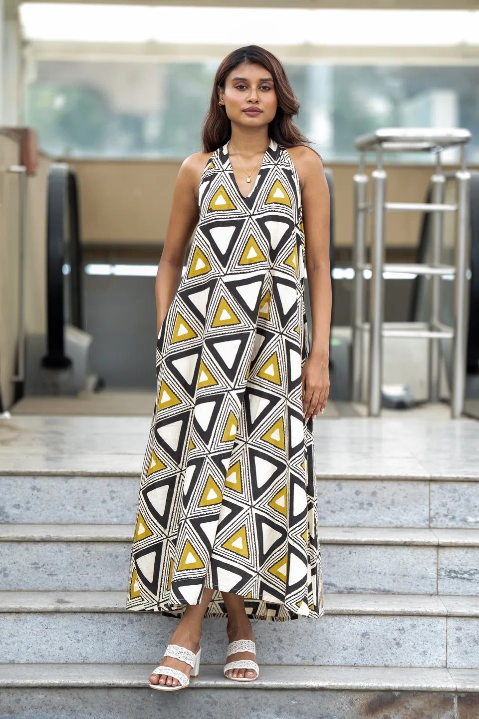 Mosaic Noir — Geometric Print Sleeveless Cotton Maxi Dress