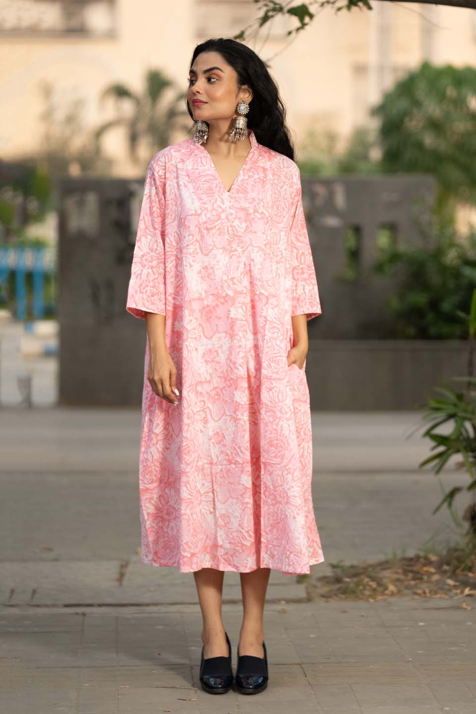 Blush Vine — Block Print Cotton Pleated Kaftan Dress