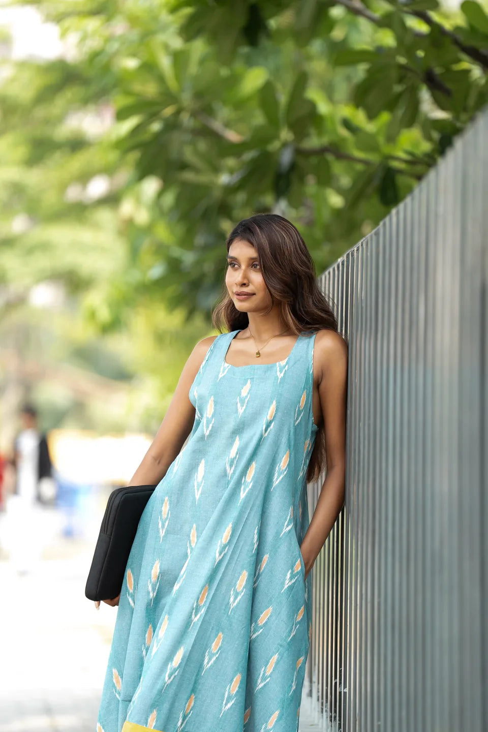 Lagoon Ikat — Ikat Cotton Sleeveless Maxi Dress with Contrast Hem