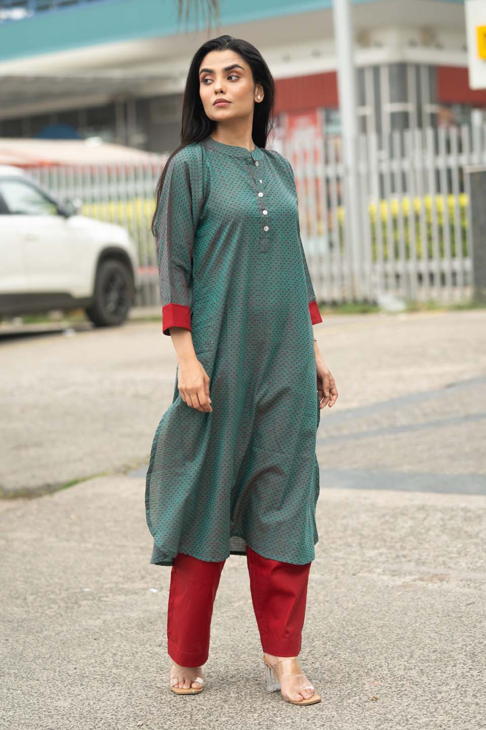Forest Ember — Micro-Print Cotton Coord Set with Contrast Pants