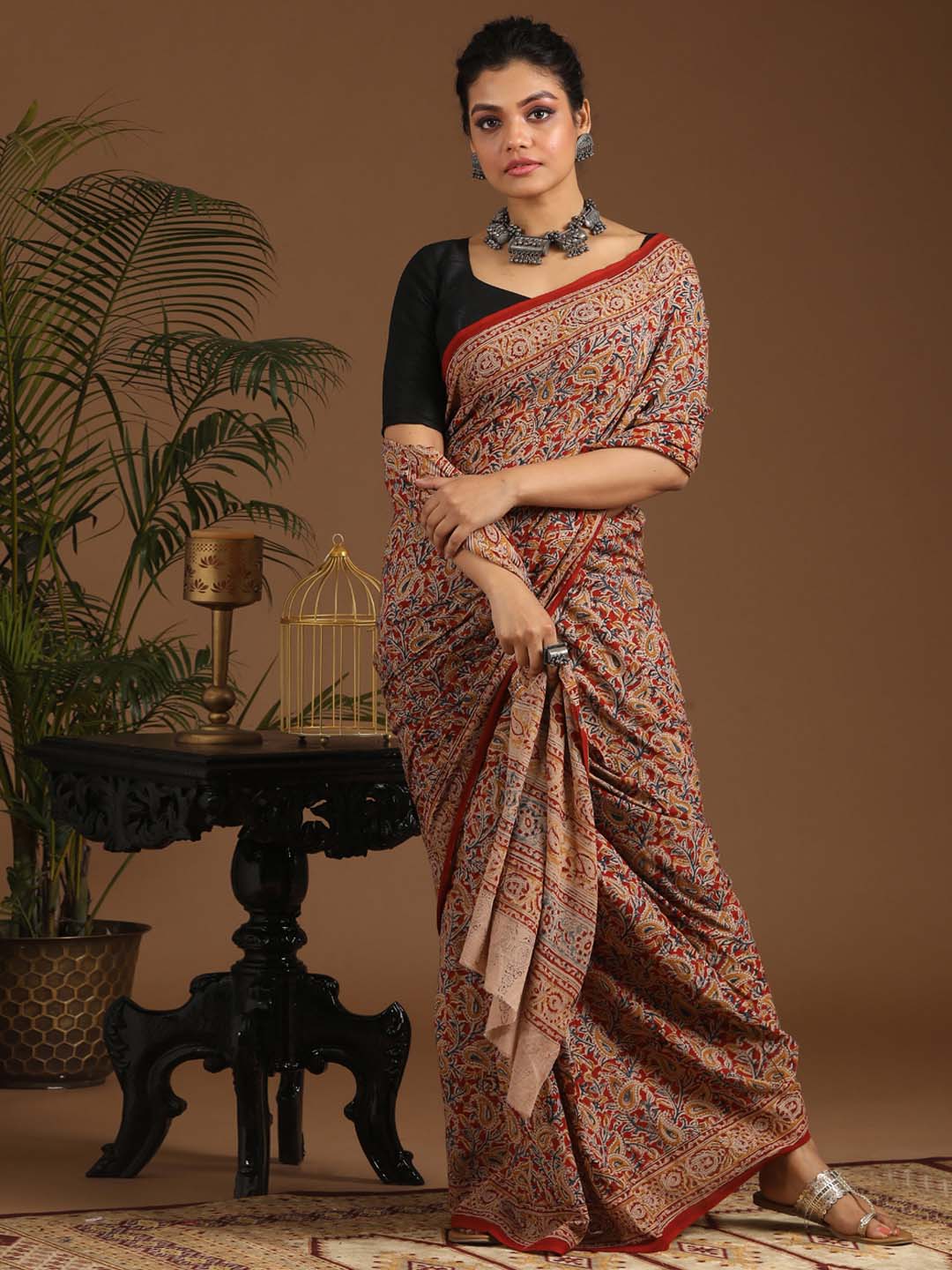 Indethnic Kalamkari Handblock Mulmul Cotton Saree - View 1