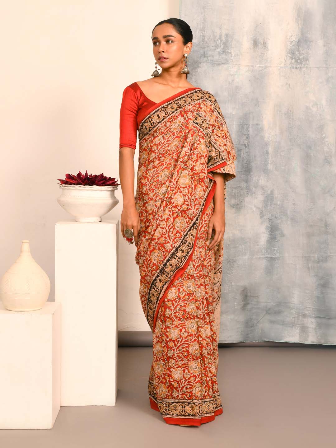 CRIMSON FLORAL FANTASY (KALAMKARI 100% PURE COTTON SAREE)