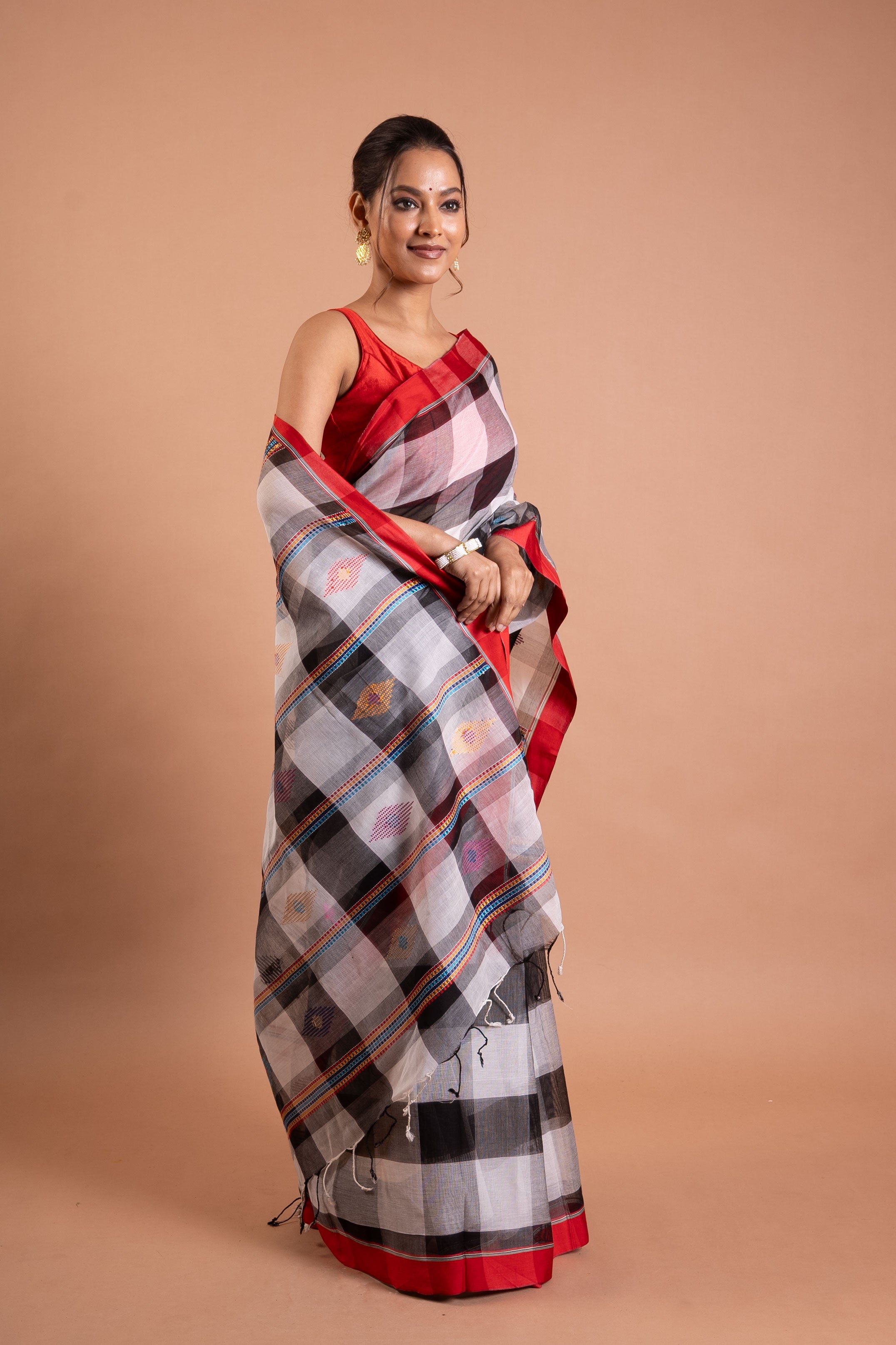 Scarlet Grid Noir Bengal Handloom Cotton Saree