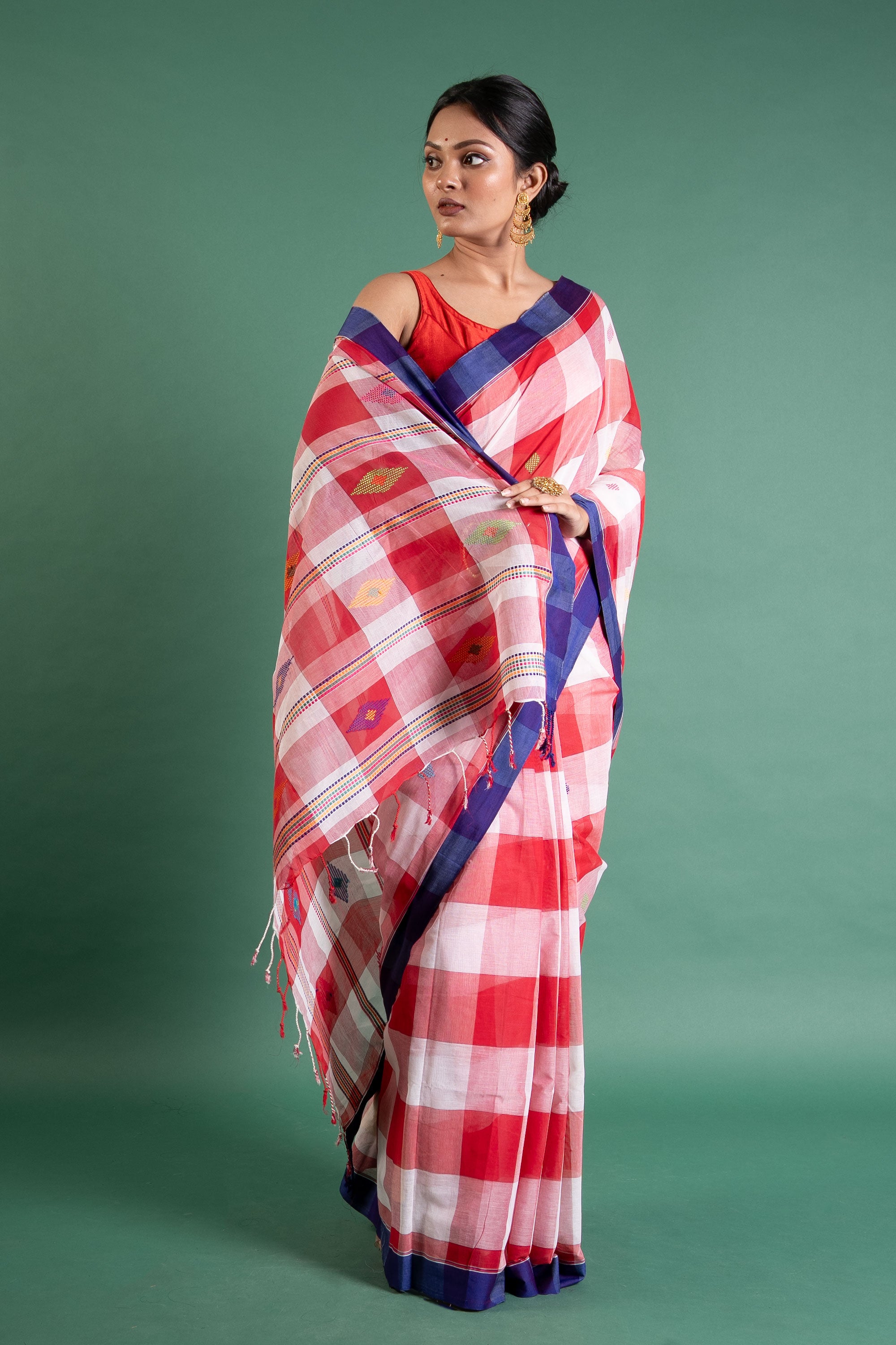 Scarlet Check Handloom Cotton Saree with Indigo Border