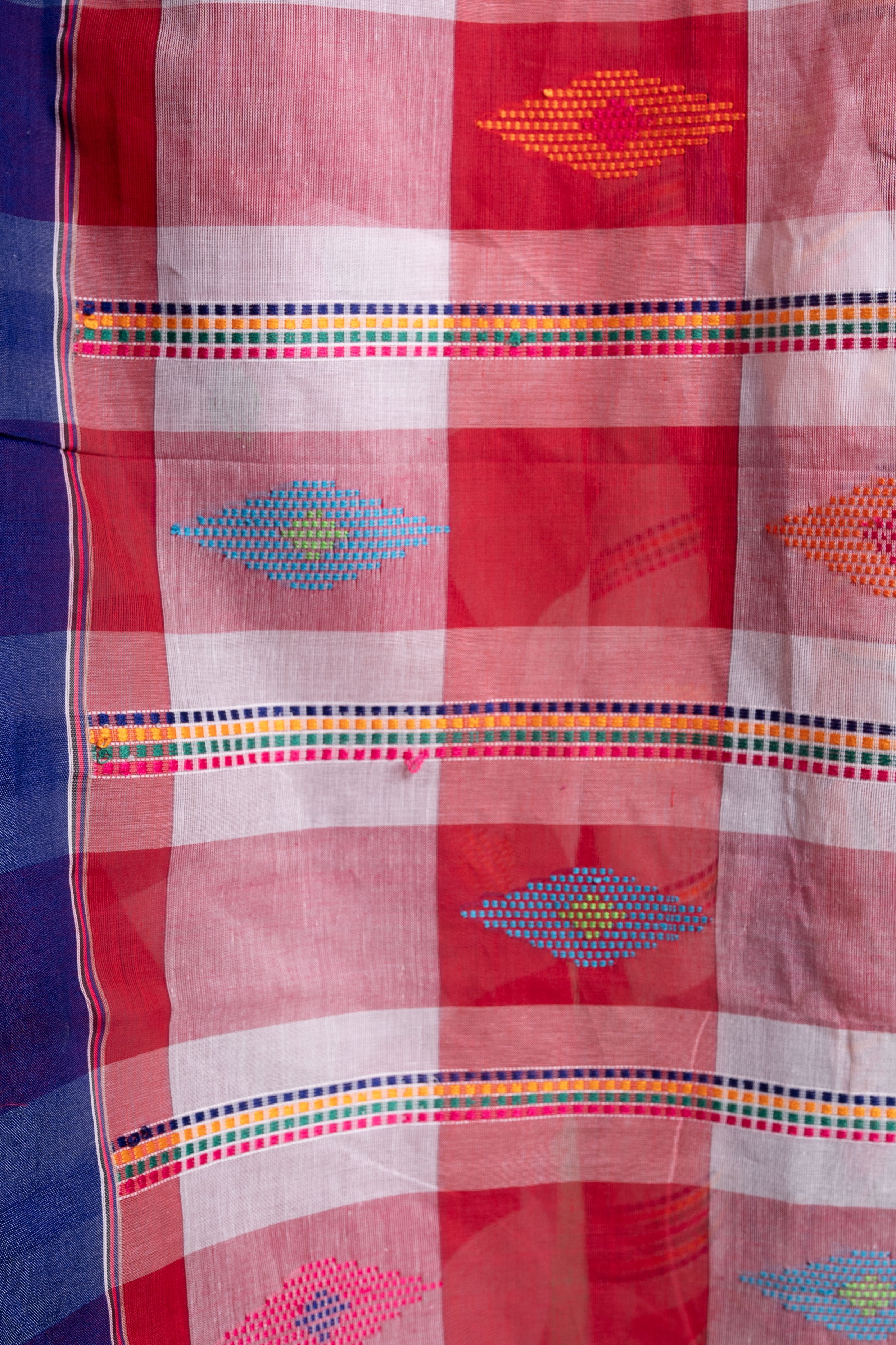 Scarlet Check Handloom Cotton Saree with Indigo Border