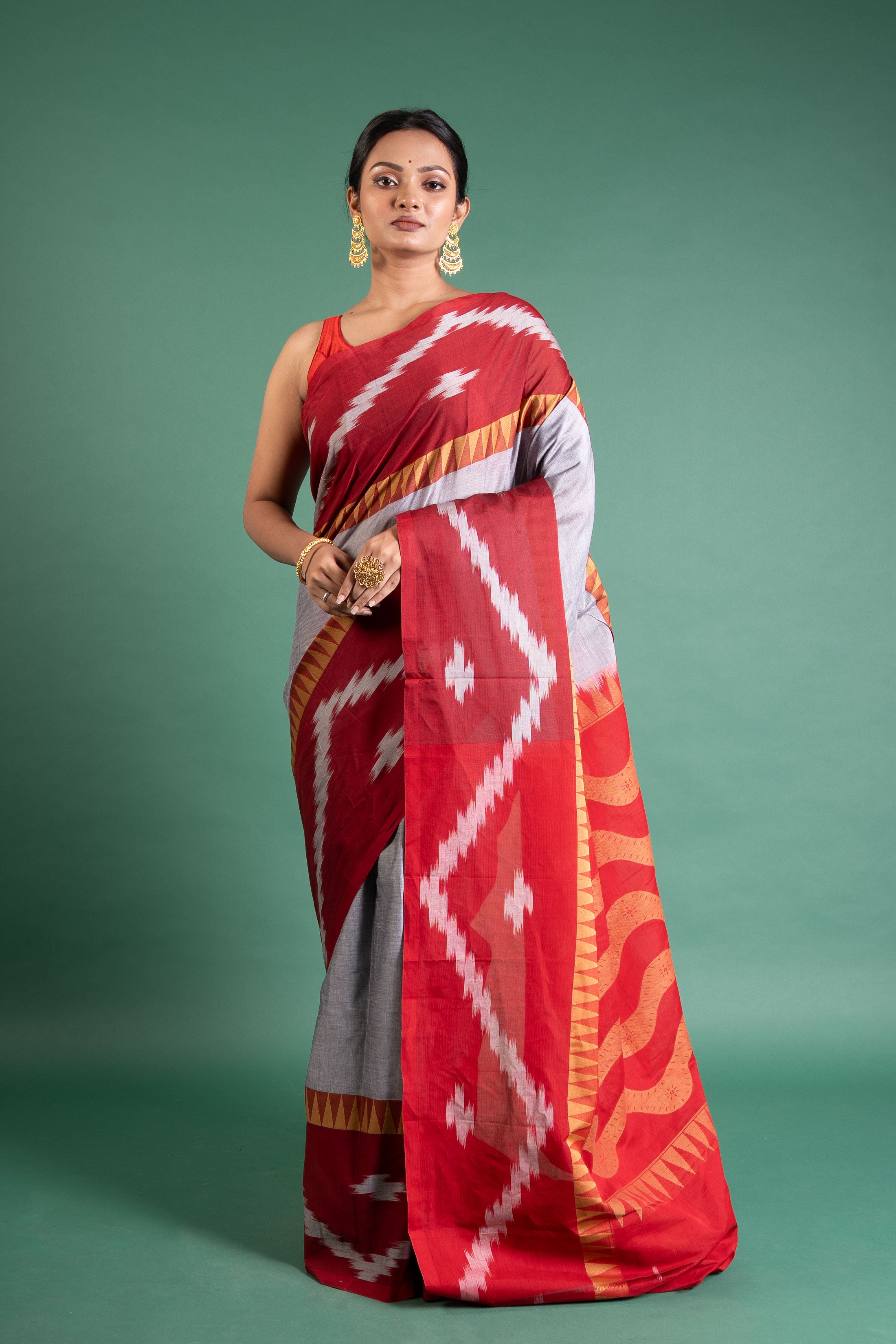 Crimson Ash Ikat Weave Saree with Tribal Border