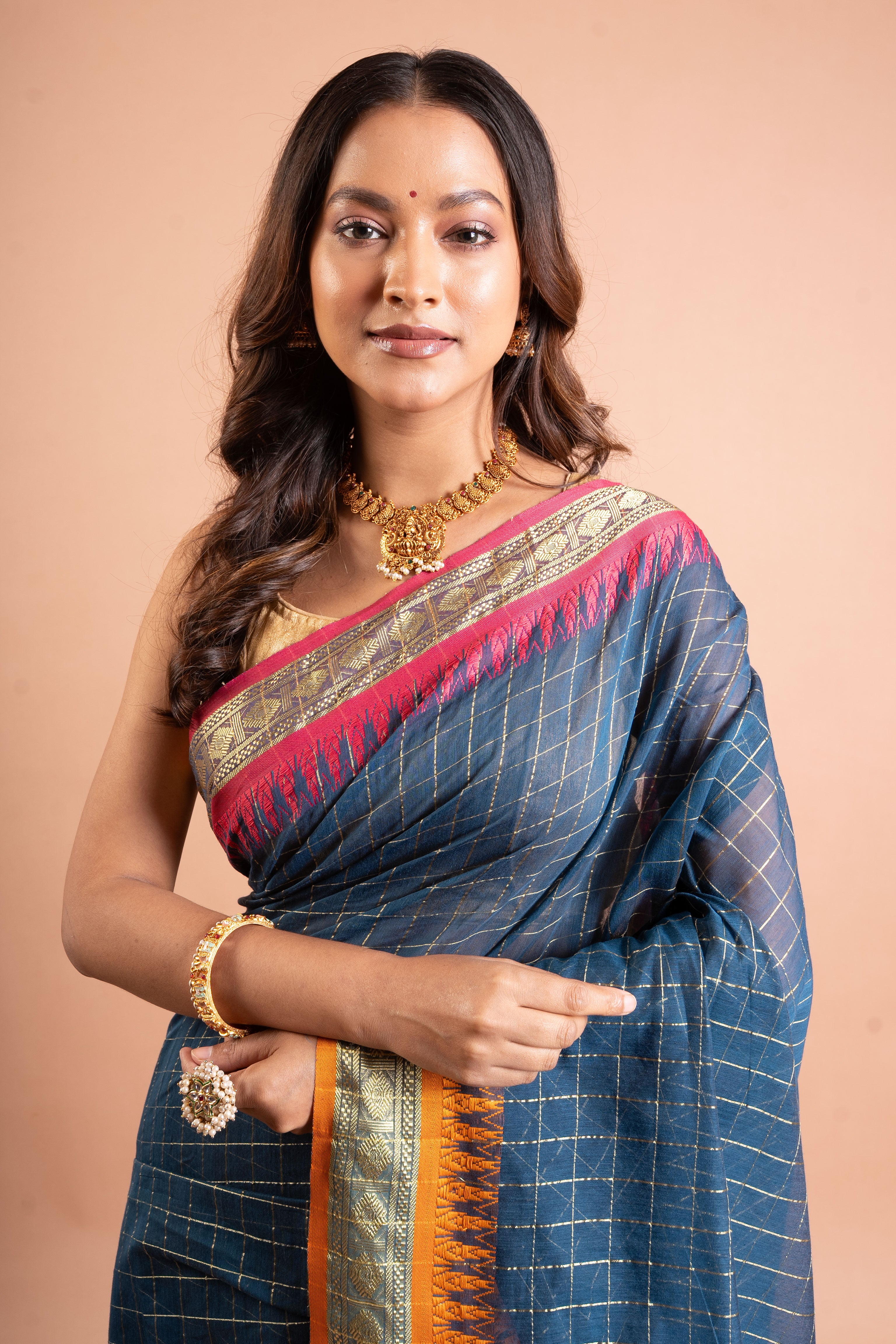 Teal Blue Checkered Handloom Saree with Pink-Gold Border