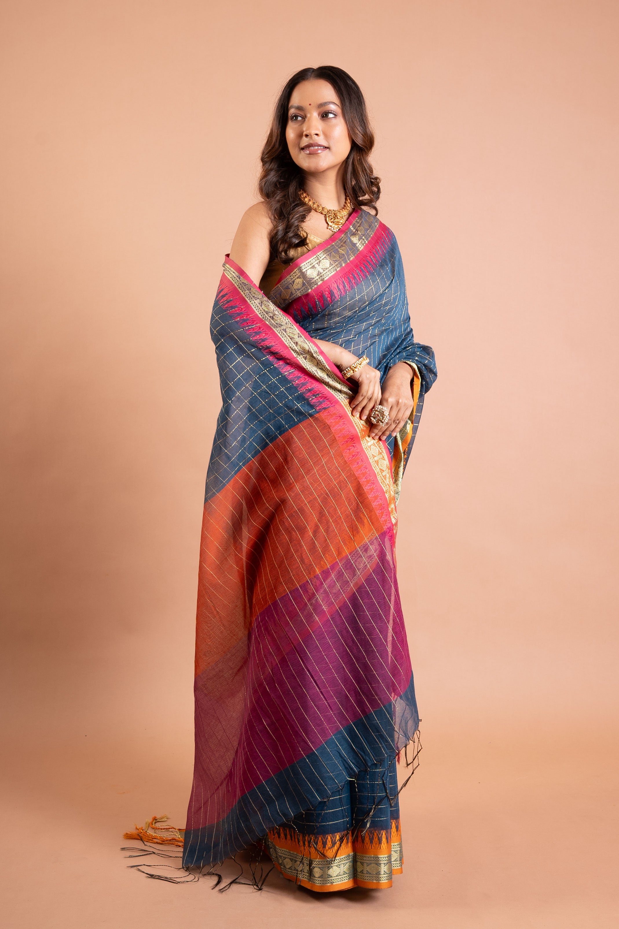 Teal Blue Checkered Handloom Saree with Pink-Gold Border