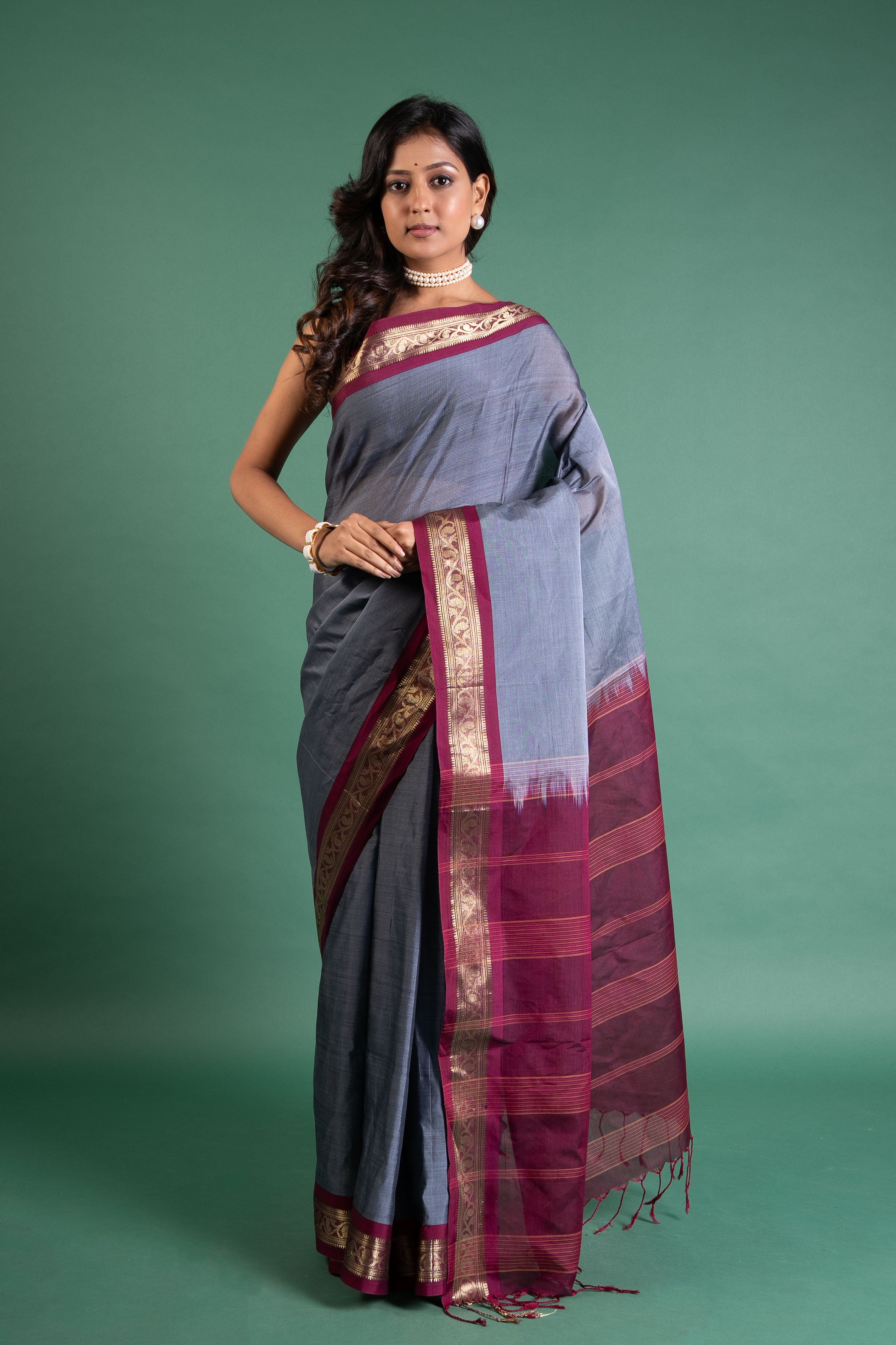 Prisha Grey–Wine Zari Border Pure Handloom Saree
