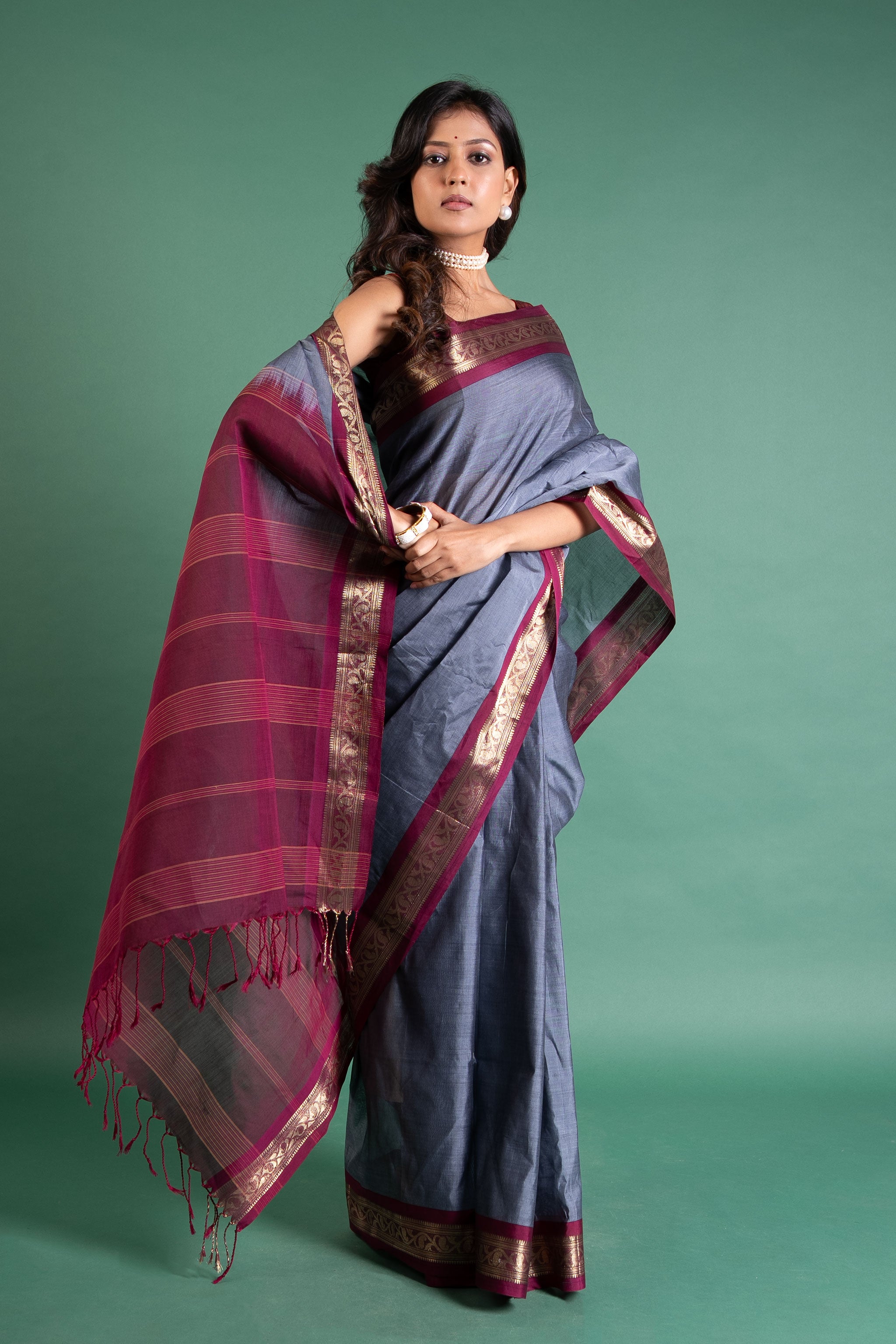 Prisha Grey–Wine Zari Border Pure Handloom Saree