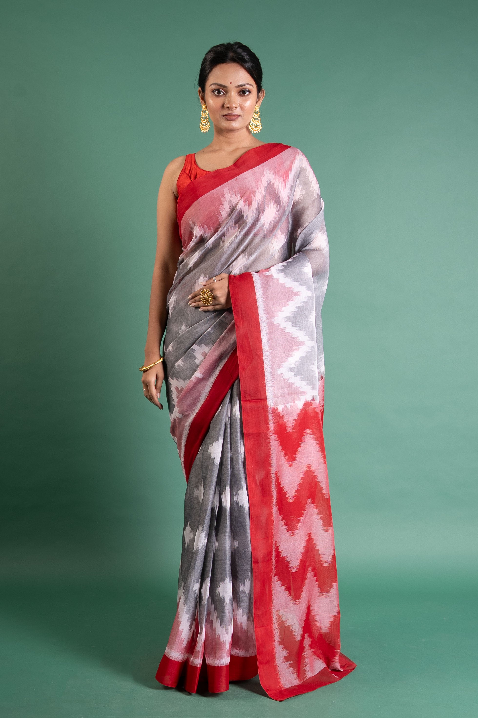 Sindoor Grey–Red Ikat Pure Handloom Saree