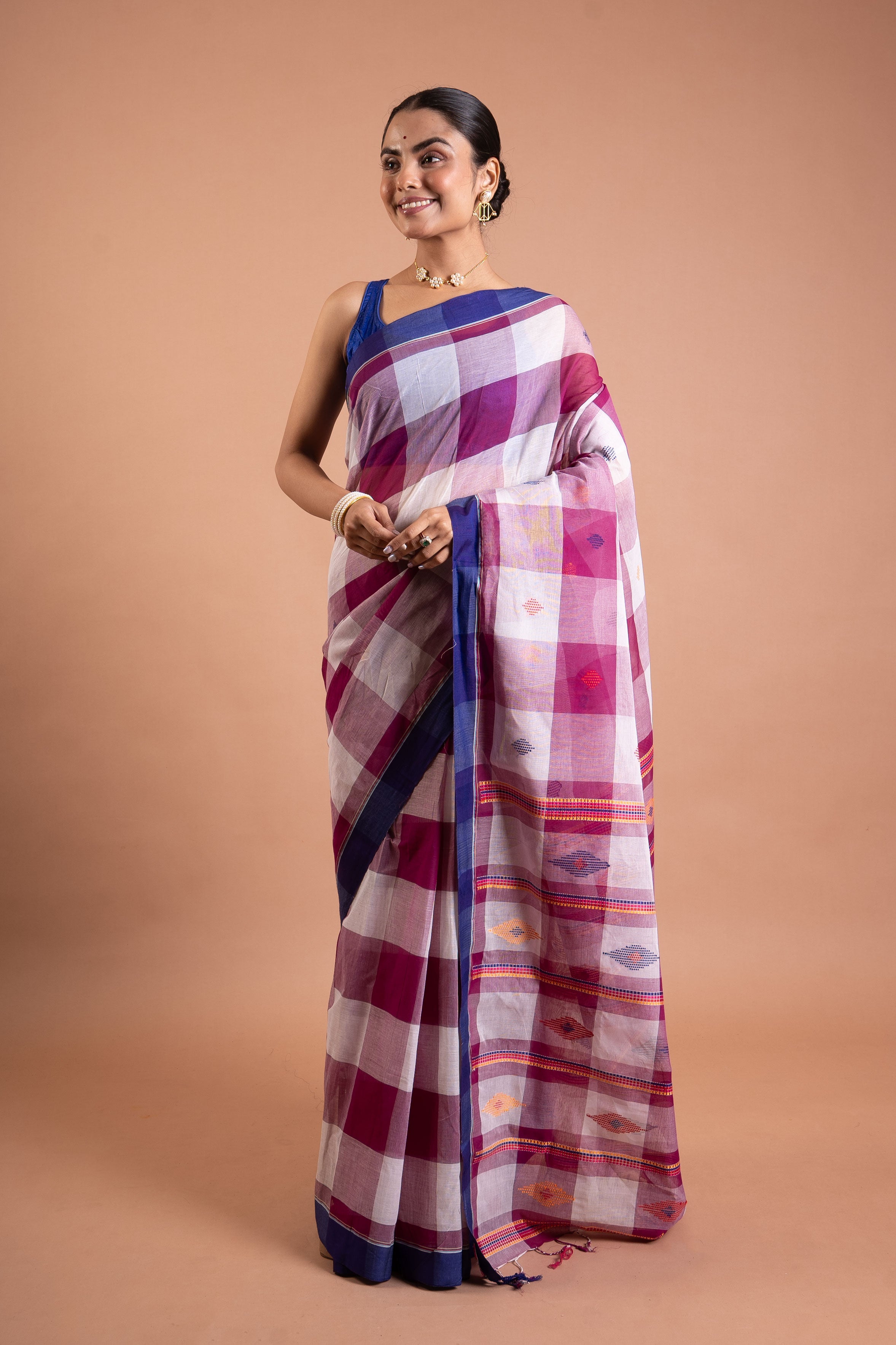 Rangrekha Pink Check Pure Handloom Saree with Blue Border