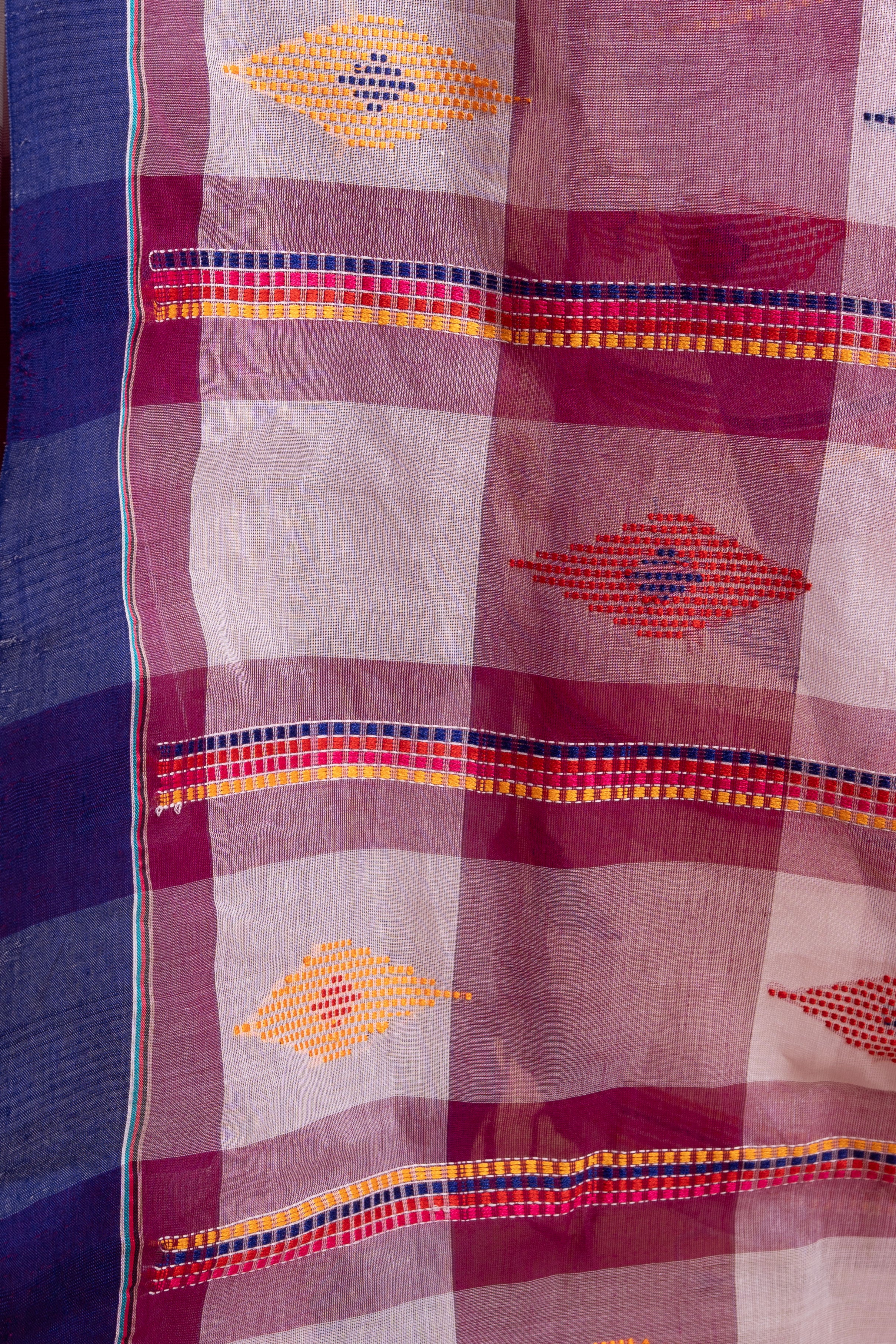 Rangrekha Pink Check Pure Handloom Saree with Blue Border
