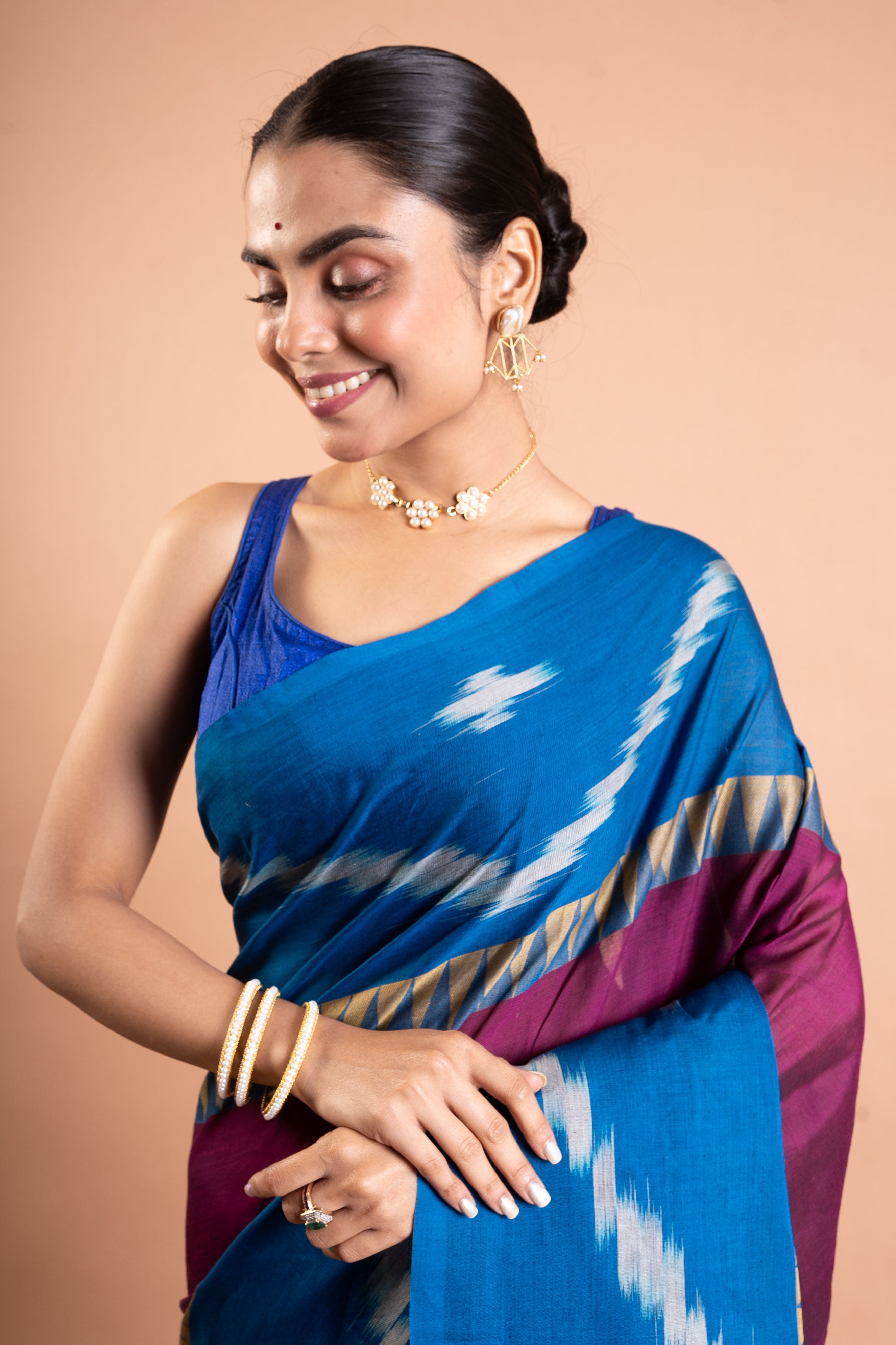 Azure Ikat Fusion Handloom Saree – Teal & Magenta