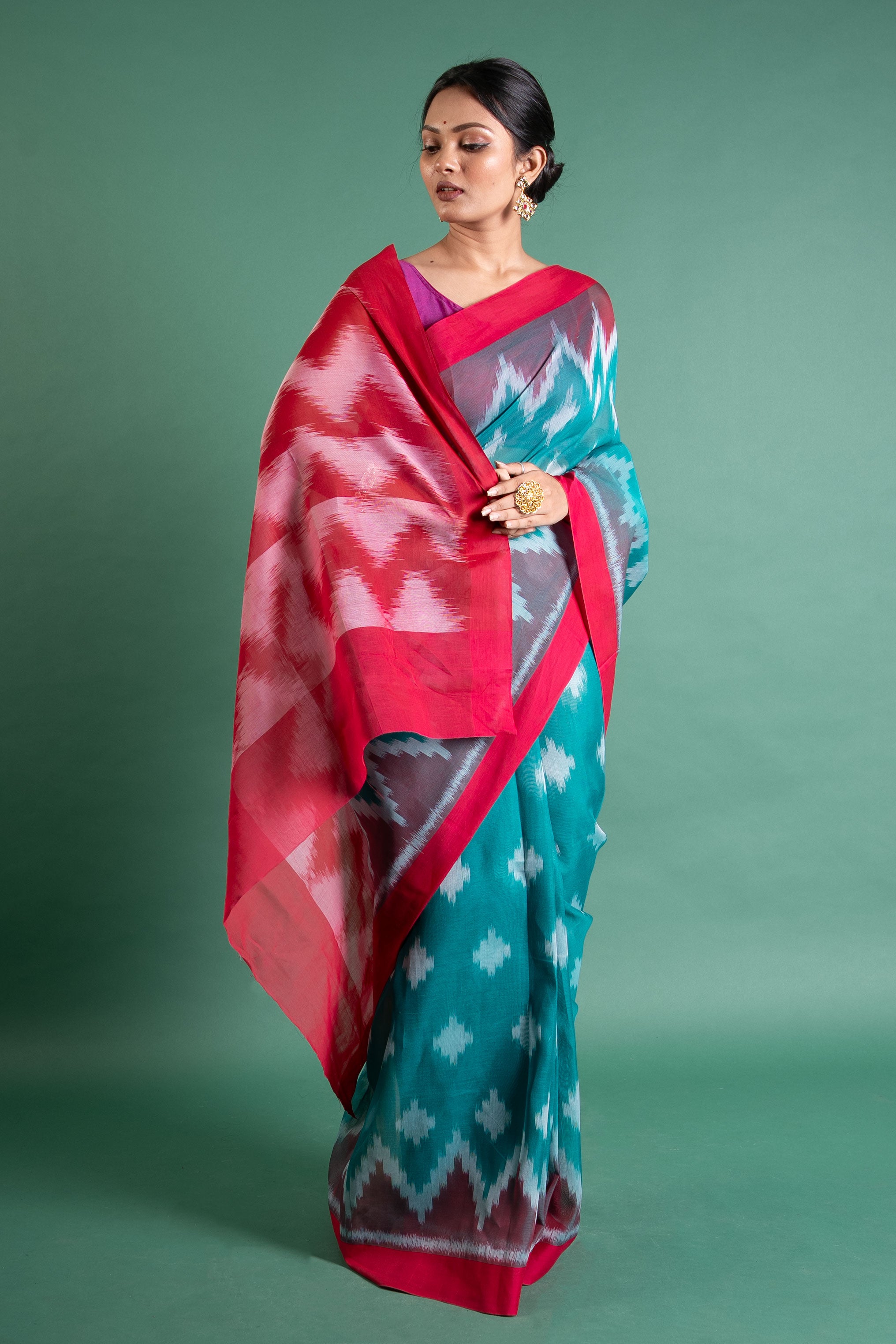 Teal & Rani Pink Handloom Ikat Saree
