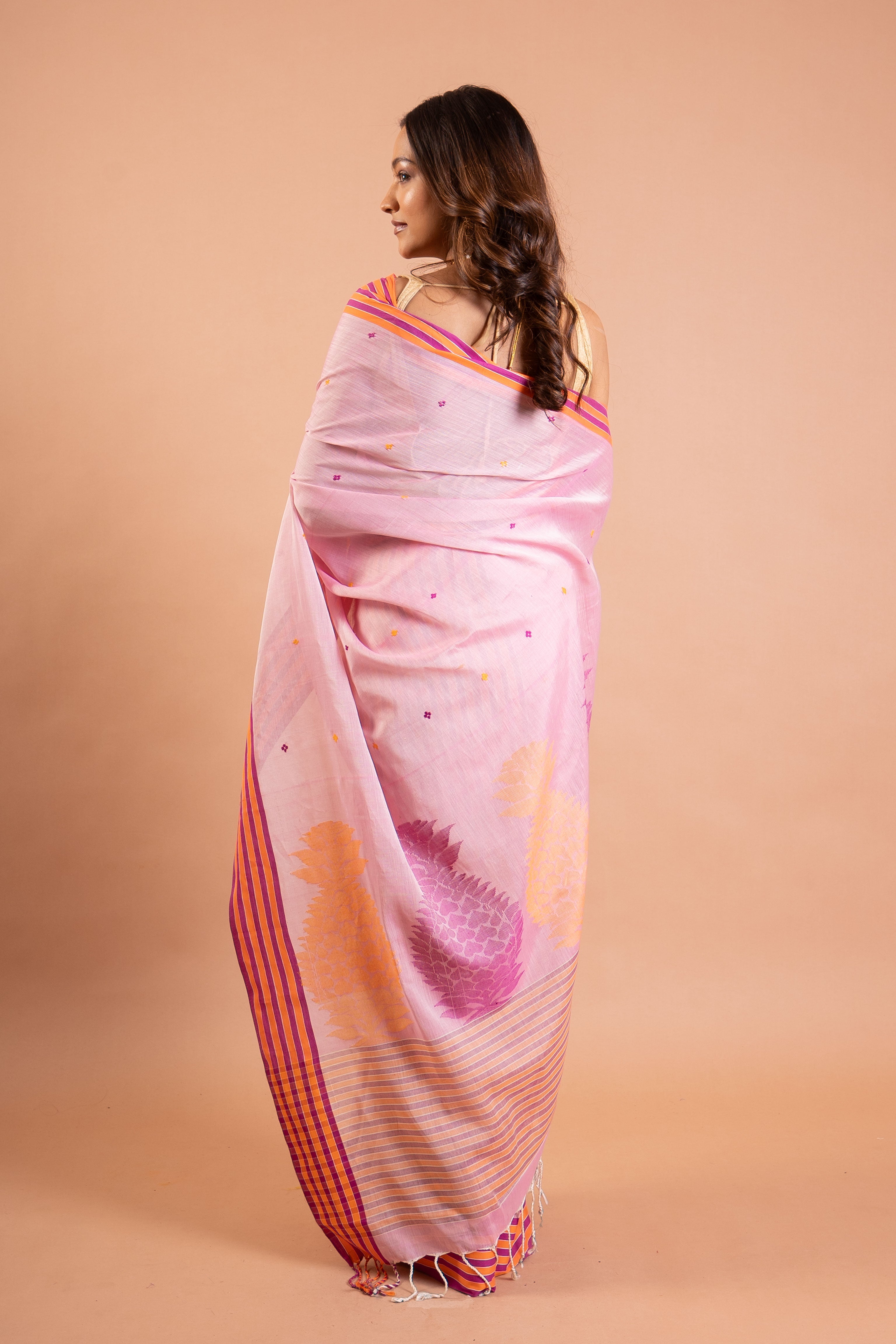Blush Pink Handloom Saree with Magenta–Orange Stripe Border
