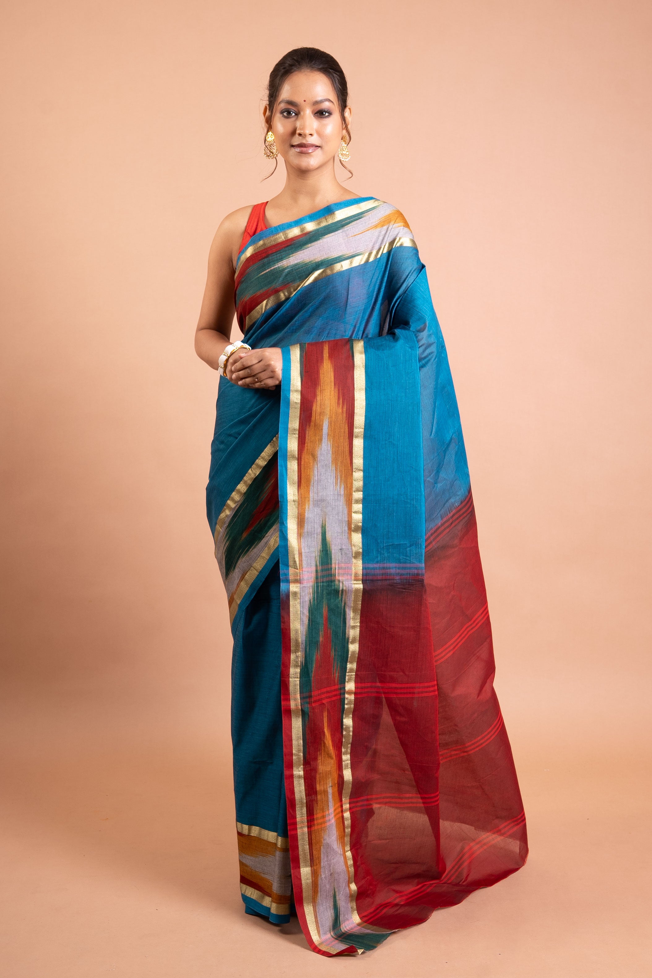 Teal-Blue Handloom Silk-Cotton Saree with Maroon Zari Pallu