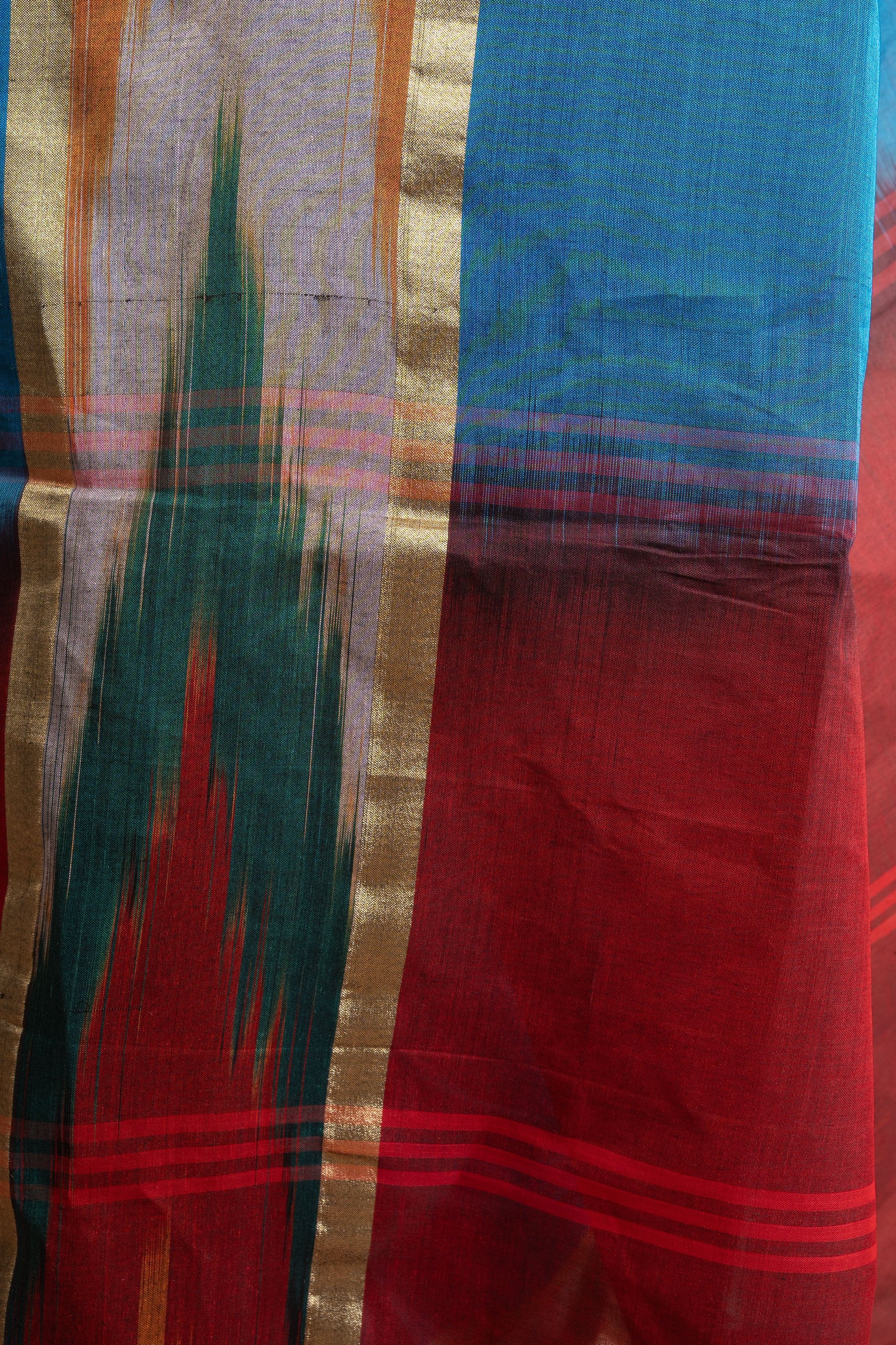 Teal-Blue Handloom Silk-Cotton Saree with Maroon Zari Pallu