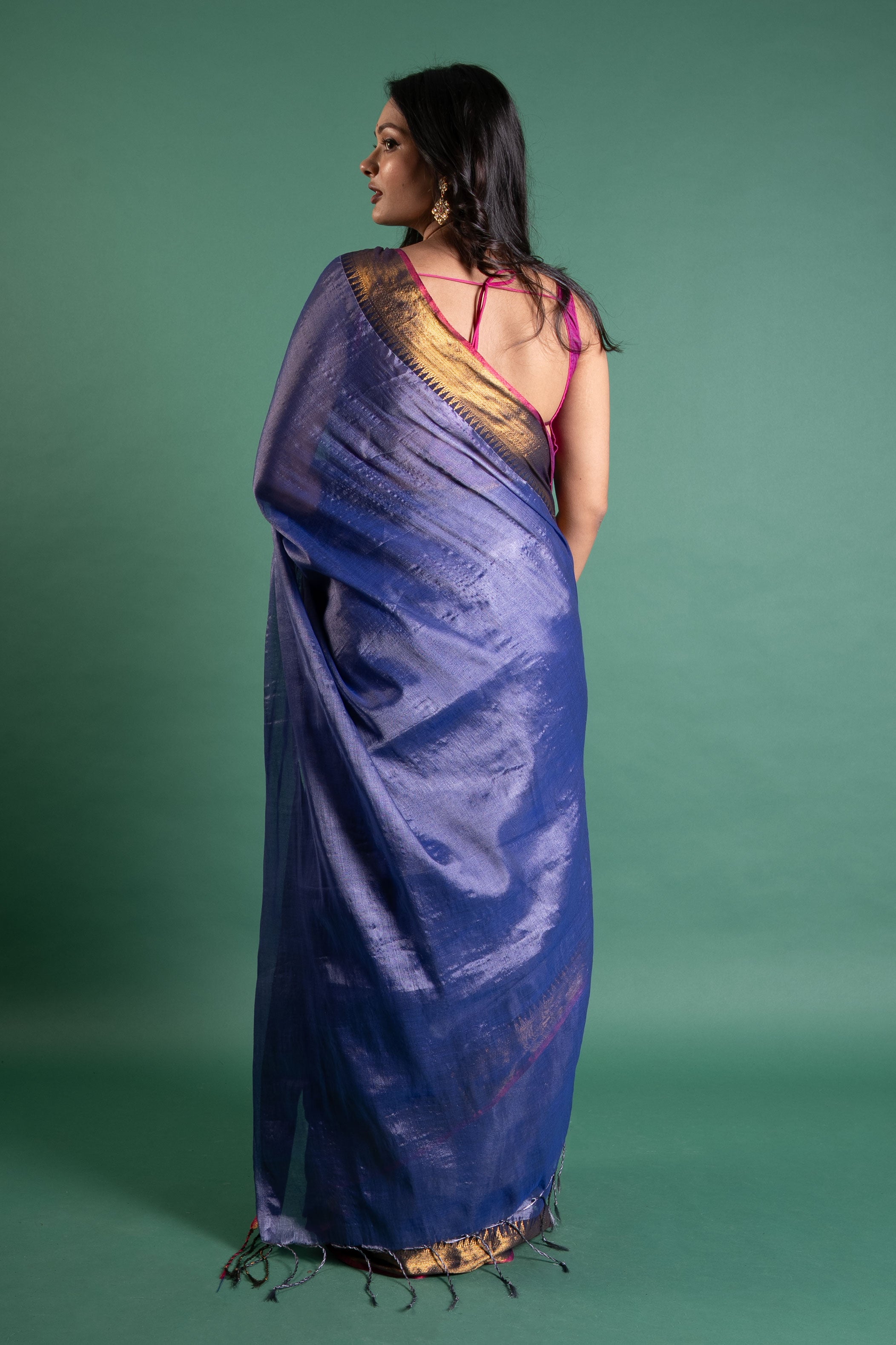 Indigo Moonlight Tissue Saree with Antique Gold Zari Border