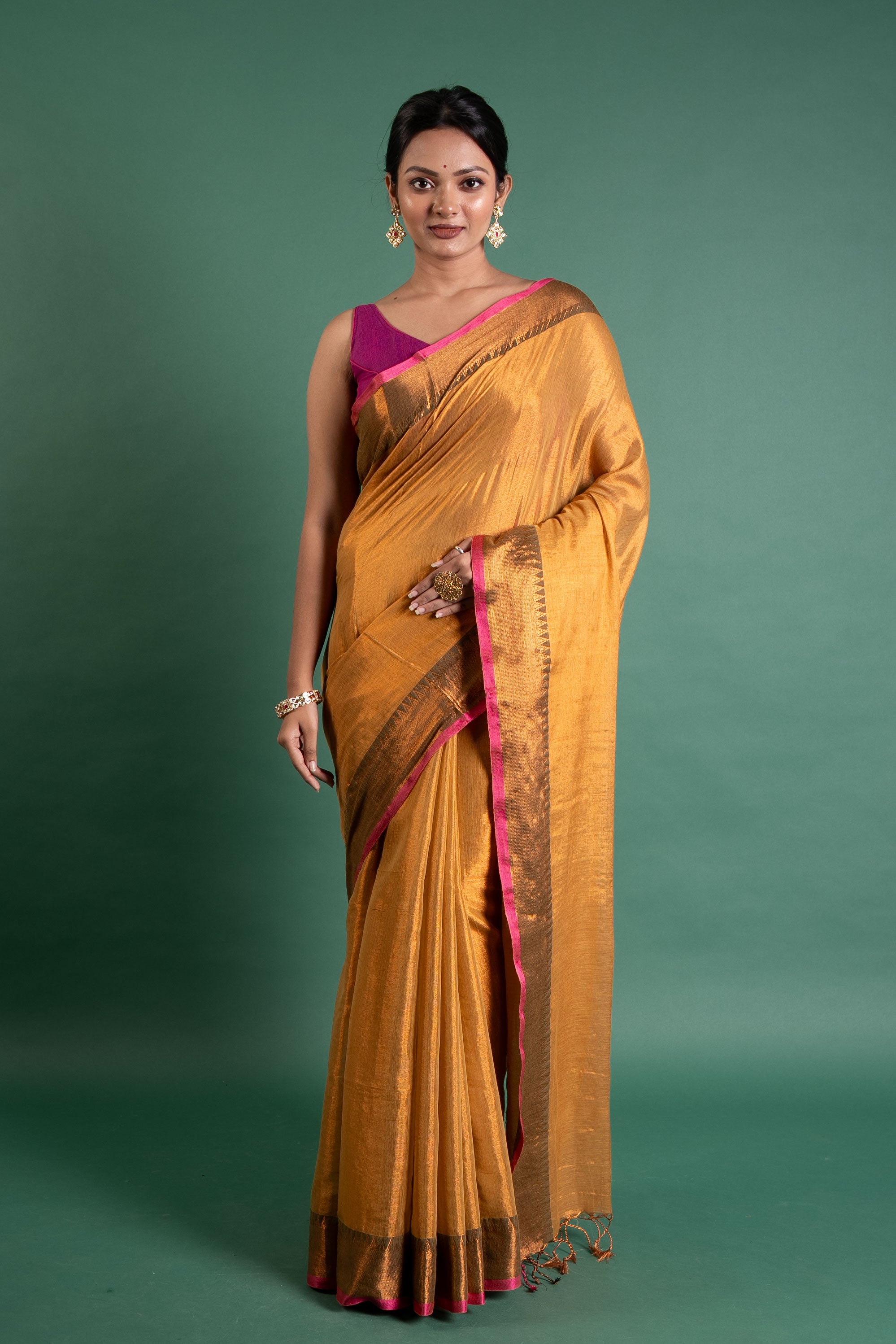 Kanaka Glow Antique Gold Tissue Saree with Zari Border