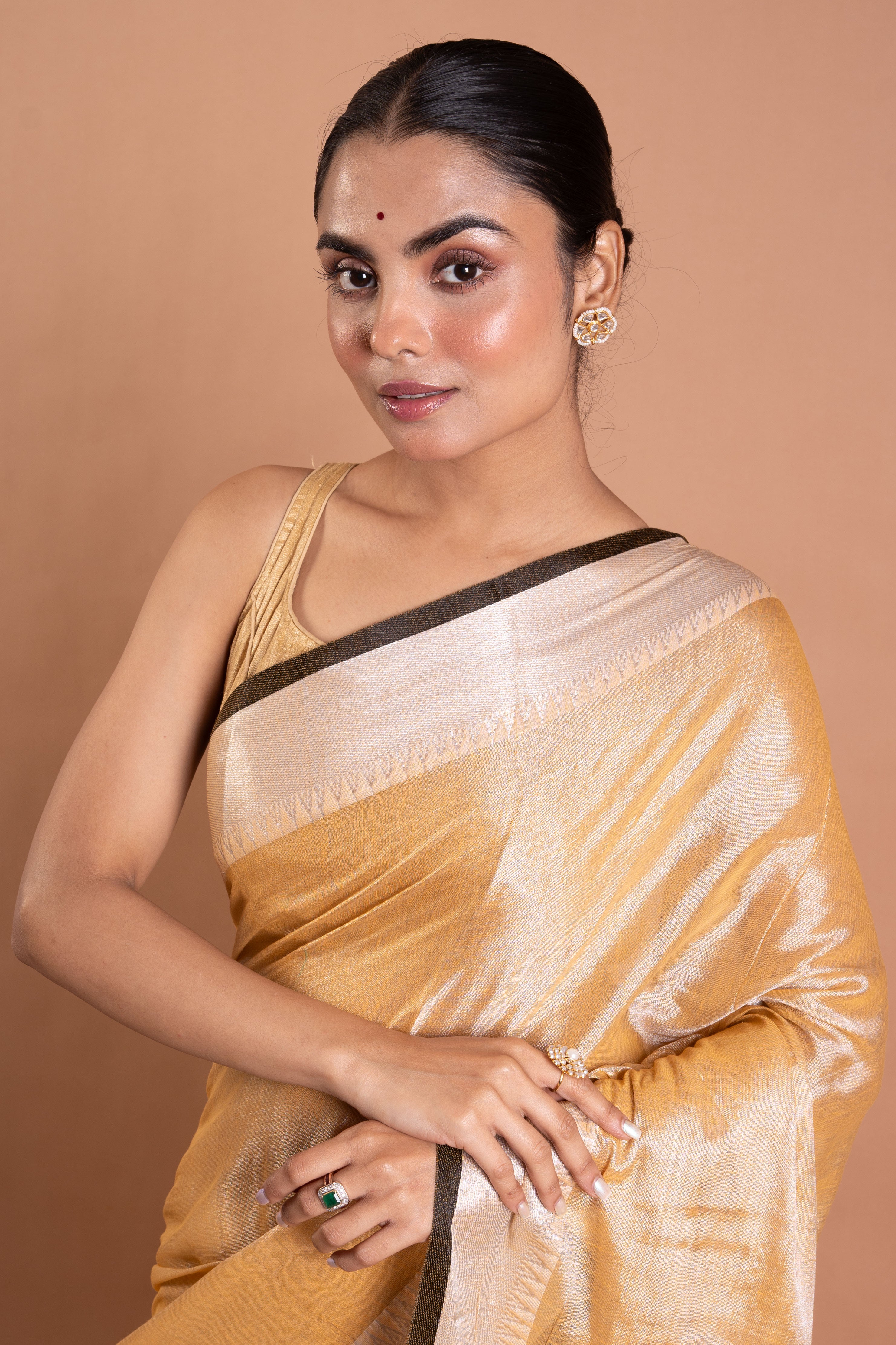 Golden Mist Pure Tissue Saree with Silver Sheen Border