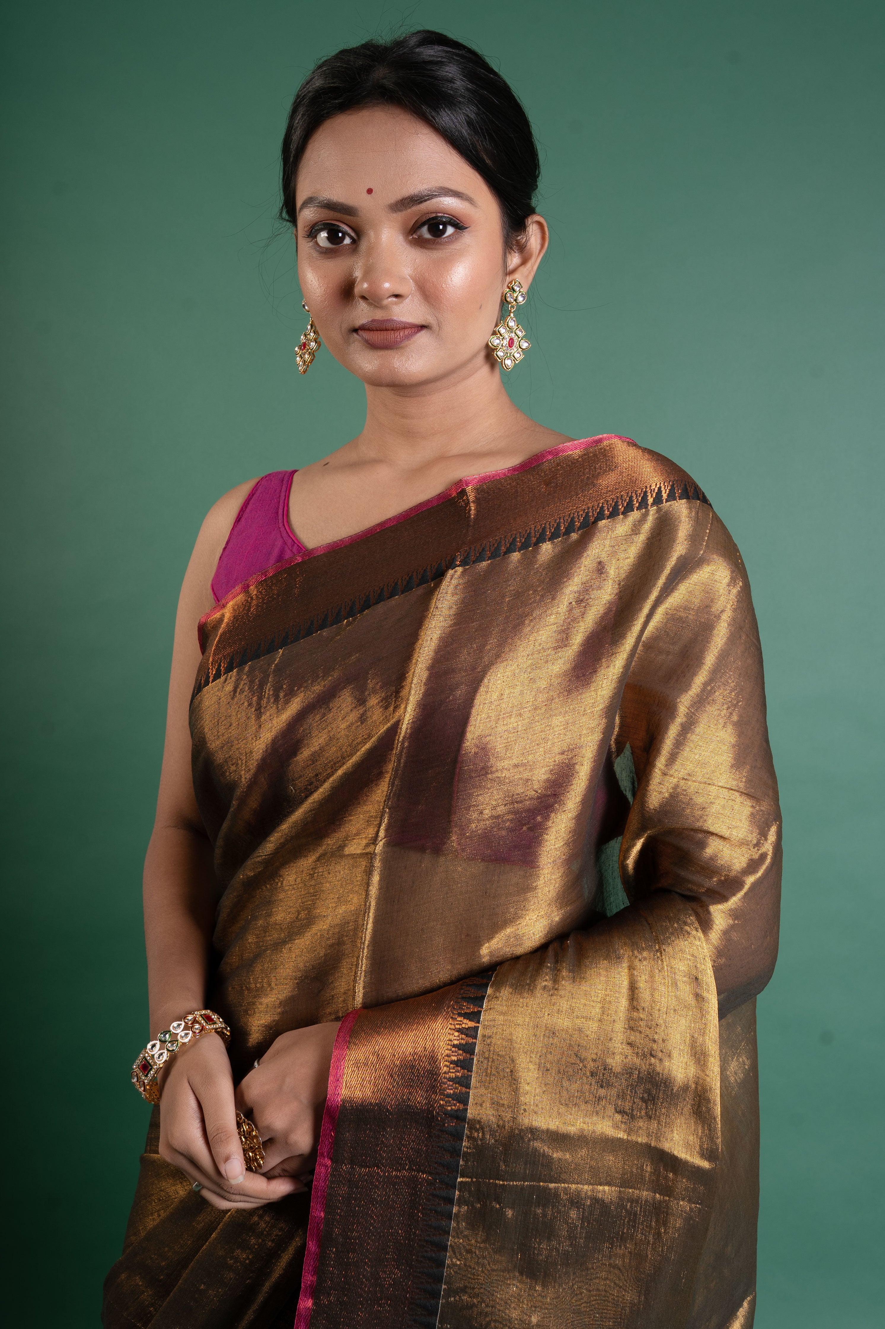 Antique Gold Pure Tissue Saree with Rani Pink Border