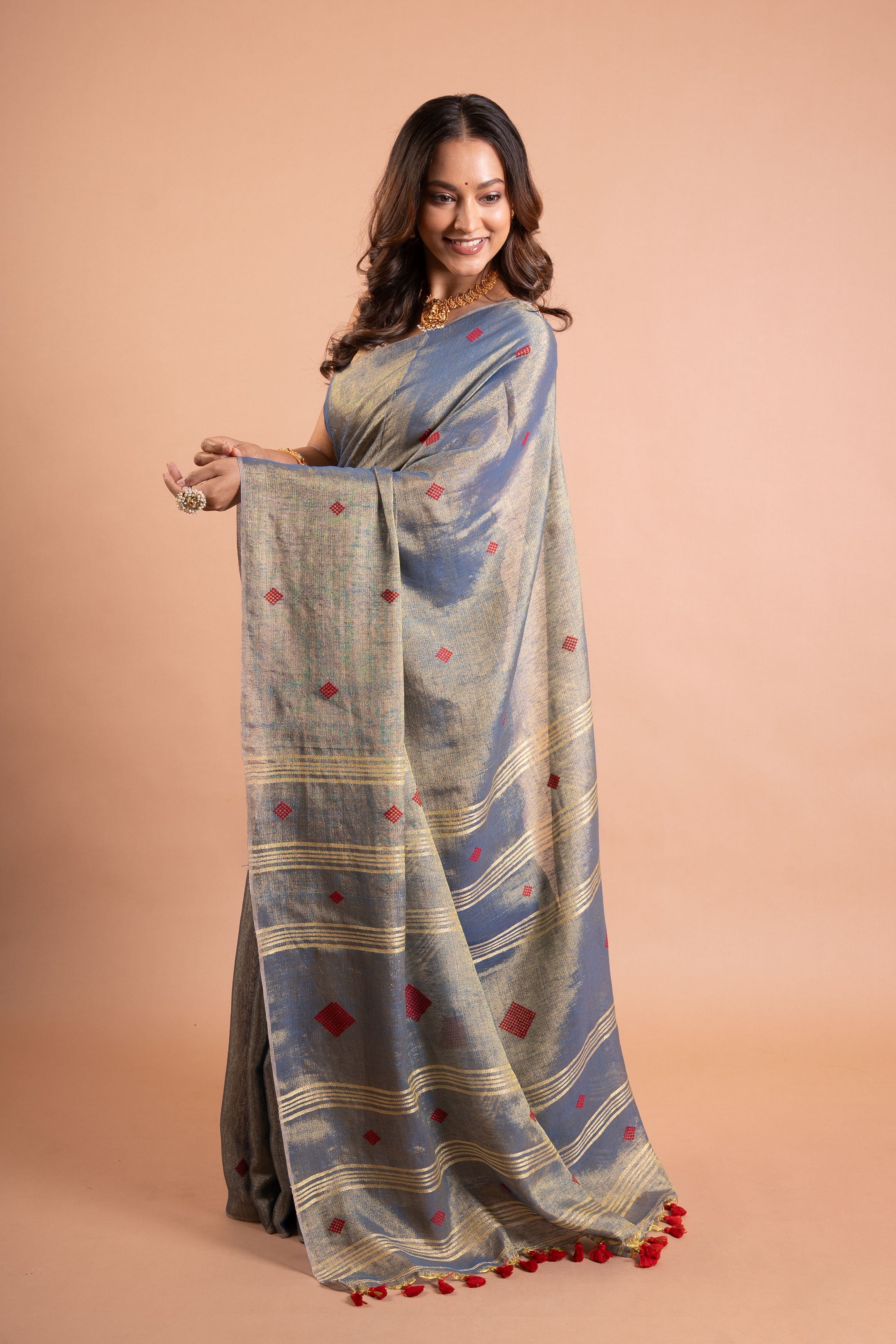 Steel Blue Pure Tissue Saree with Red Buttas & Zari-Striped Pallu