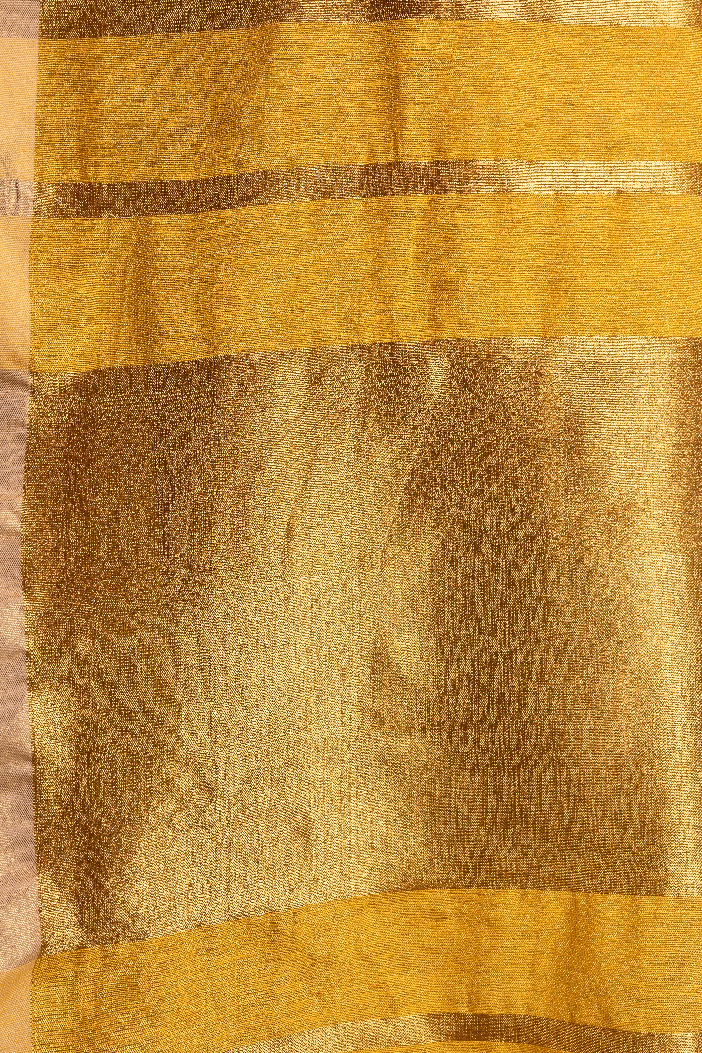 Suryakanti Mustard Linen Tissue Saree with Gold Stripe Pallu