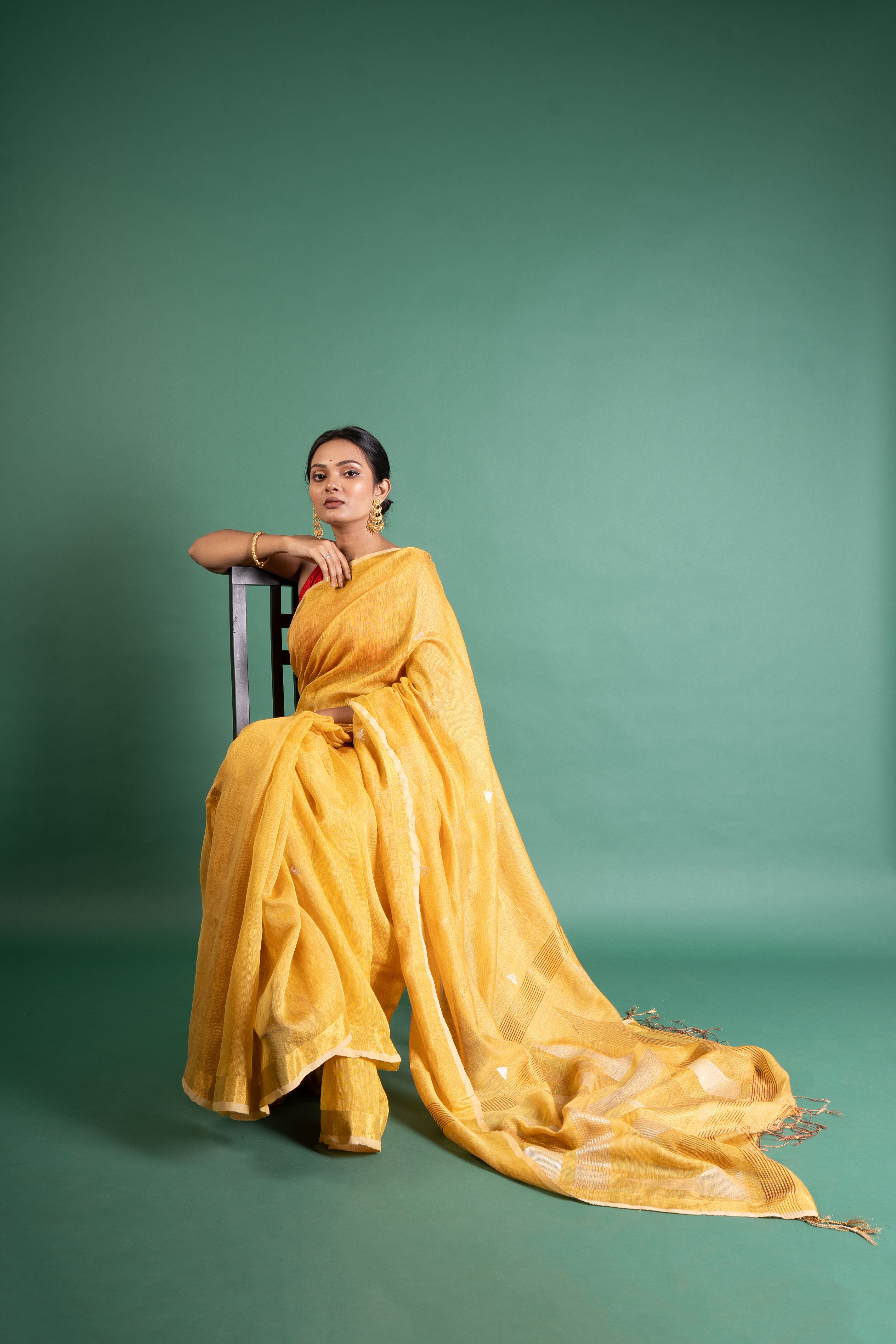 Sunlit Mustard Linen Tissue Saree with Silver Butis