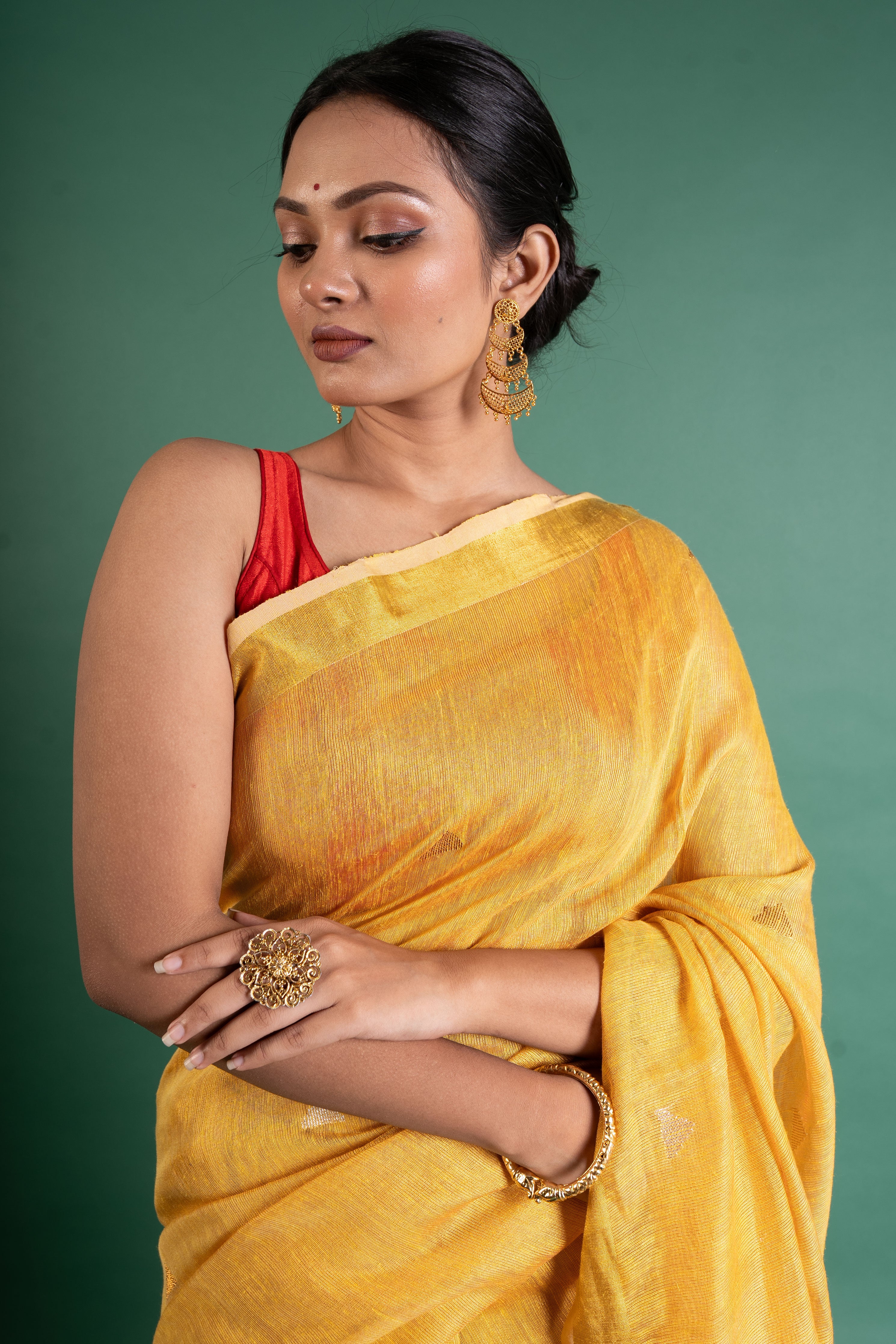 Sunlit Mustard Linen Tissue Saree with Silver Butis