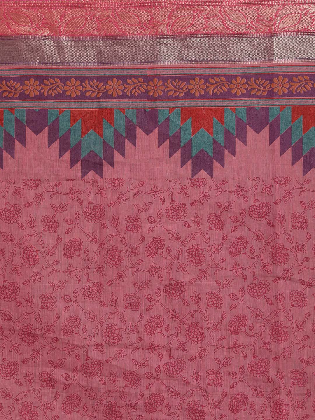 Indethnic Printed Cotton Blend Saree in Magenta - Saree Detail View