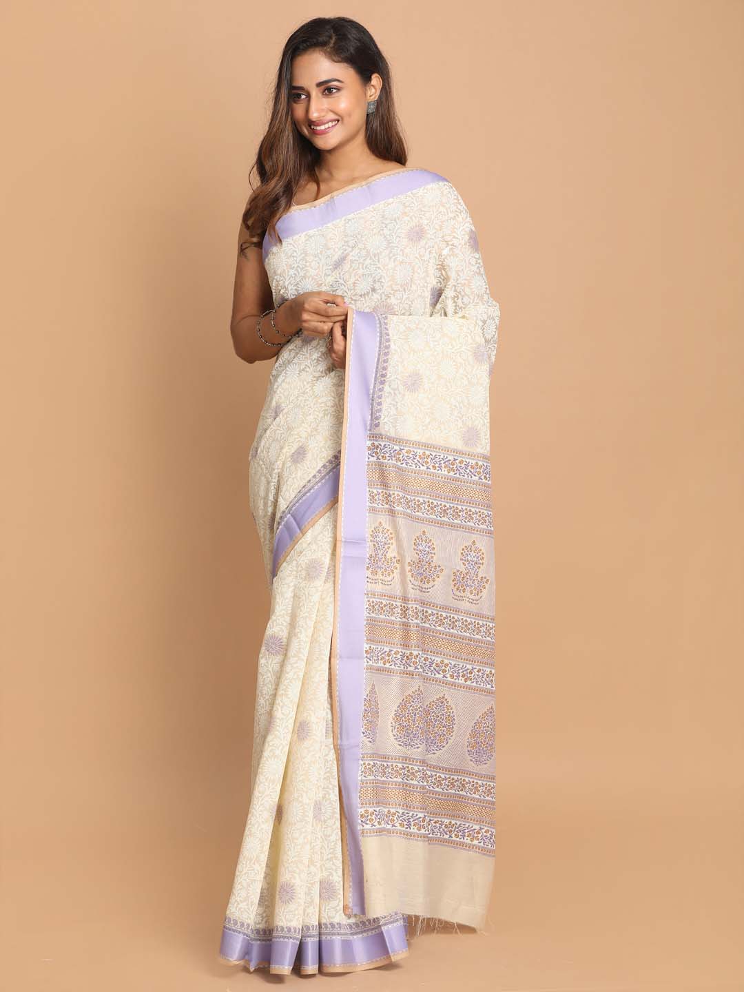 Indethnic Printed Cotton Blend Saree in Purple - View 1