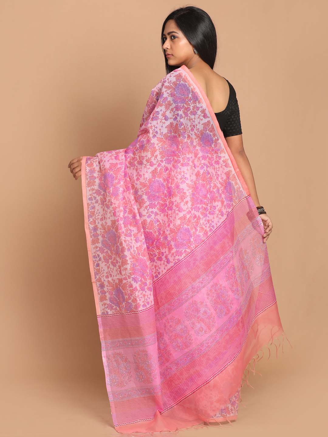 Indethnic Printed Cotton Blend Saree in Pink - View 2